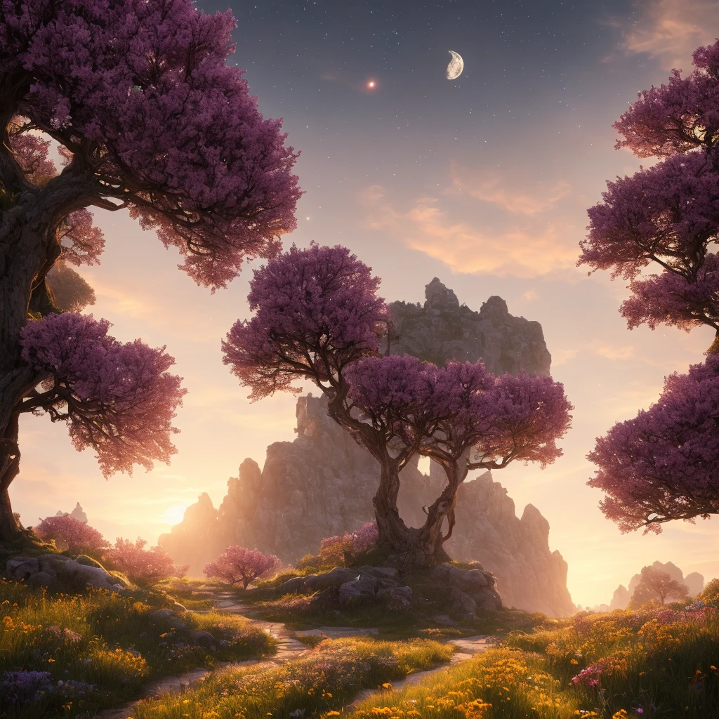 sunset, the winding stone paths stretching into the distance, meadow, the curved moon, the colorful flowers, the soft afterglow, the stars, the colorful sky, beautiful, warm and peaceful, award winning photography, Bokeh, Depth of Field, HDR, 8K, bloom, Chromatic Aberration ,Photorealistic, extremely detailed, trending on artstation, trending on CGsociety, Intricate, High Detail, dramatic, art by midjourney, masterpiece, best quality, high quality, extremely detailed CG unity 8k wallpaper, unreal engine 5 render, realistic, Aesthetic