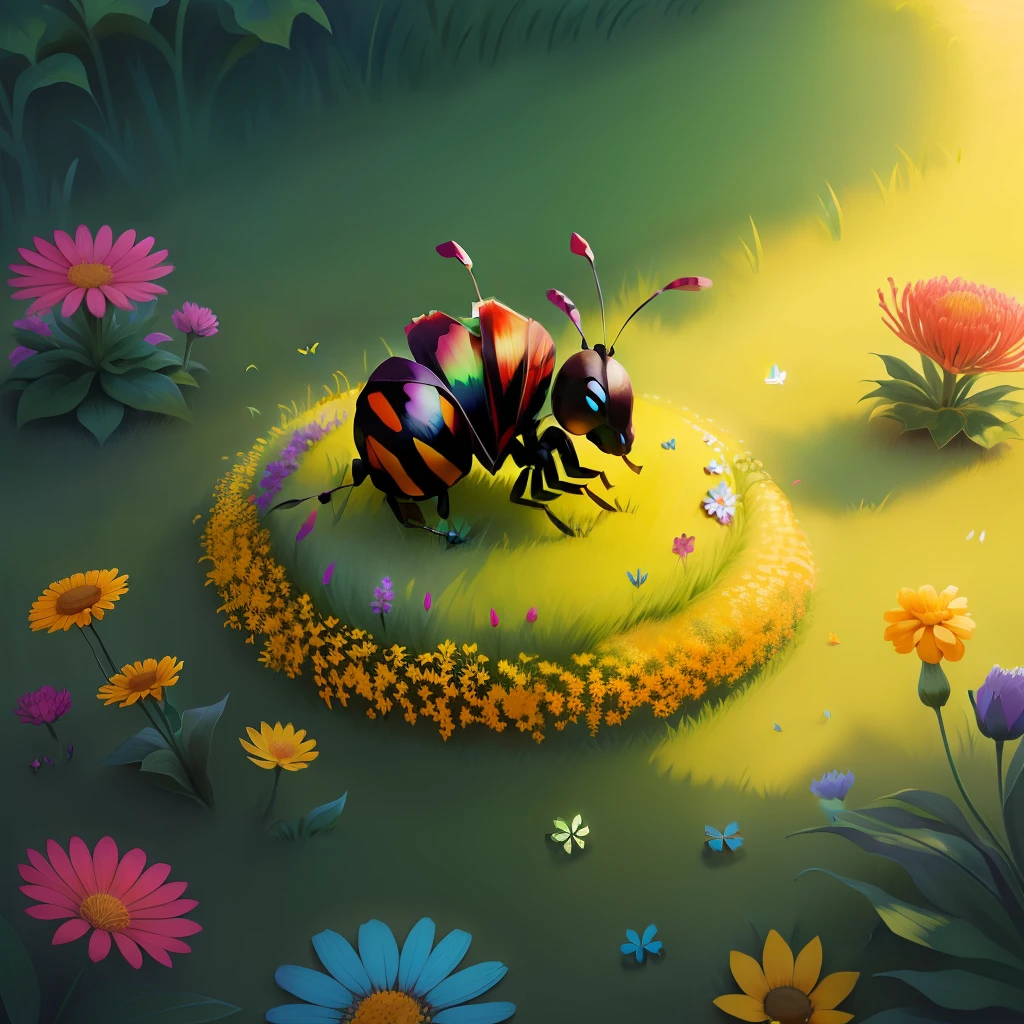 ant hill made from colorful butterfly, green grass, flowers