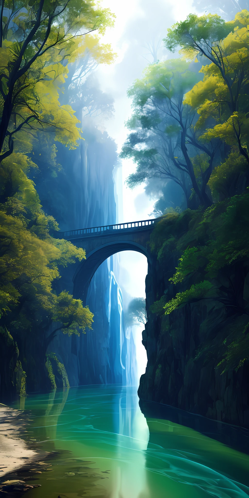 Analog style,ChromaV5,nvinkpunk,(extremely detailed CG unity 8k wallpaper),An image of a majestic river, trees on the sides, tiny waterfall, intense fog ,award winning photography, Chromatic Aberration, Detailed , HDR, Bloom, style by Monet, Pissarro, and Sisley ,trending on ArtStation, trending on CGSociety, art by midjourney