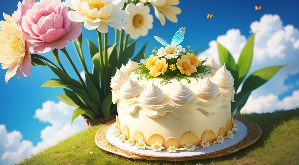 A cream cake, exquisite multi-layer cream fruit cake, 3D, cartoon, elaborate decoration and irresistible charm, embodying the number 5, the number 5 on the cake, fresh cream HD, real, high-grade, beautiful nature background composed of various flowers, flowers, small grass, blue sky and white clouds, lush grass, a group of cute puffy bees and a group of beautiful and moving butterflies