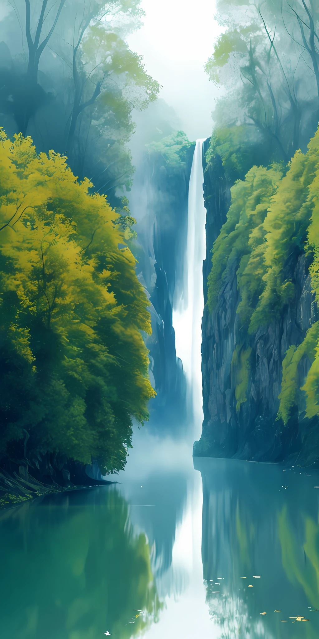 Analog style,ChromaV5,nvinkpunk,(extremely detailed CG unity 8k wallpaper),An image of a majestic river, trees on the sides, tiny waterfall, intense fog ,award winning photography, Chromatic Aberration, Detailed , HDR, Bloom, style by Monet, Pissarro, and Sisley ,trending on ArtStation, trending on CGSociety, art by midjourney