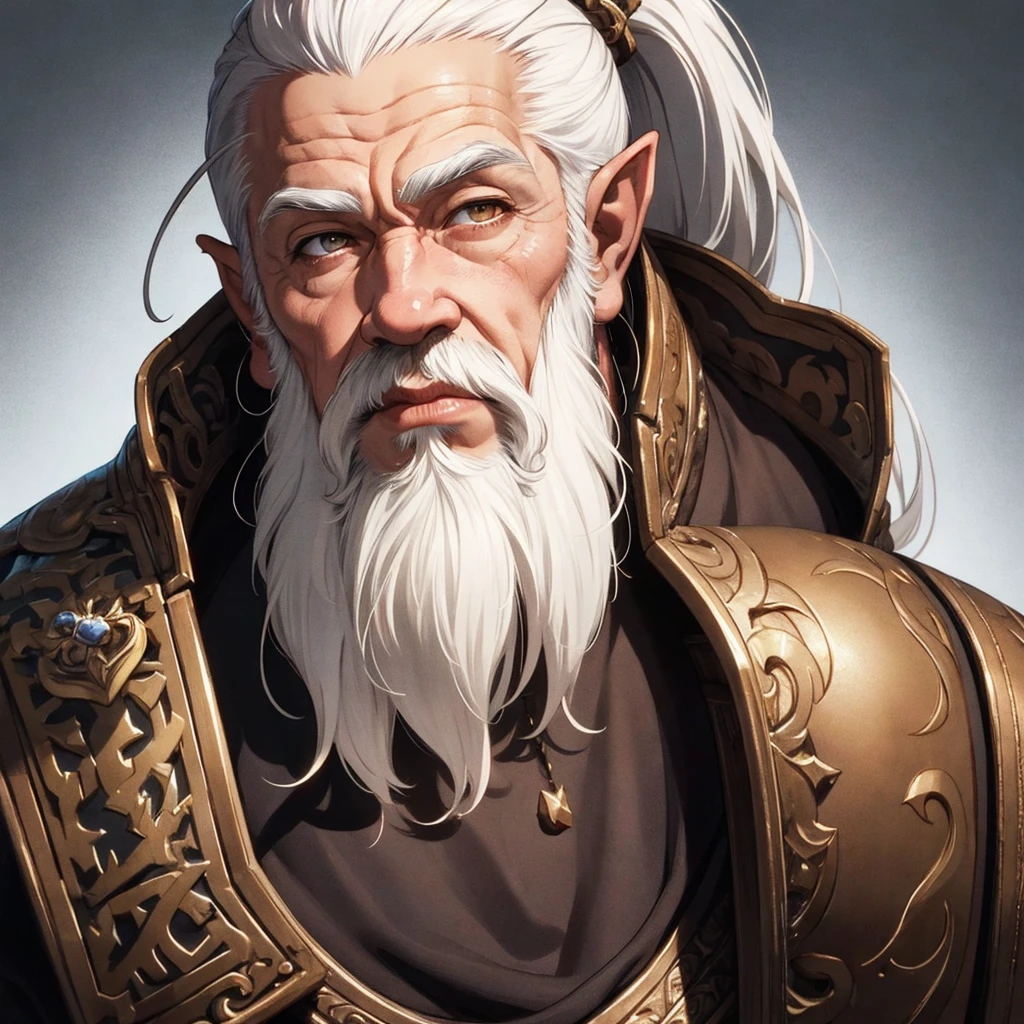 masterpiece, best quality, 1man, adult, old dwarf, male focus, solo, white hair, vibrant brown eyes, looking at viewer, High quality metal texture, closed mouth, Fantasy aesthetics, Highly detailed, shadowverse style, dwarf warrior, ponytail, side shaved hair, elven ear