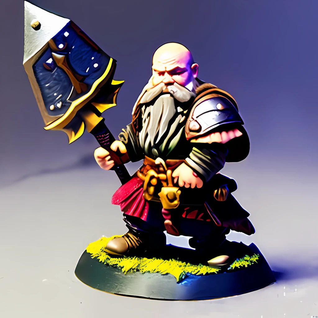 Dwarf armed with a war hammer and shield, bald with shaggy beard, scar