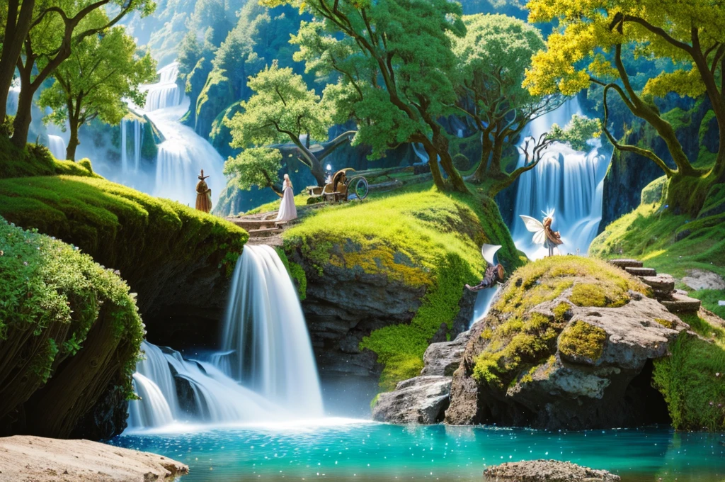 (fairy tale world), castle, floating island waterfall, maiden, world full of fantasy and imagination with all kinds of magical creatures, magic and adventure stories. Beautiful fairies, brave knights, kind elves, cute dwarfs. There are also mysterious forests, enchanted castles, fabulous kingdoms. Realism, chiaroscuro, cinematic lighting, 135mm, panorama, best quality, high details, UHD, masterpiece