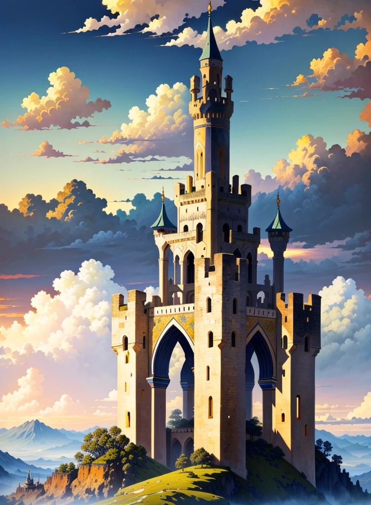 ((masterpiece, best quality)), multiple maidens, behind the vast and fantastic landscape, in the distance towering castles and minarets, with colorful clouds, multicolored flowers