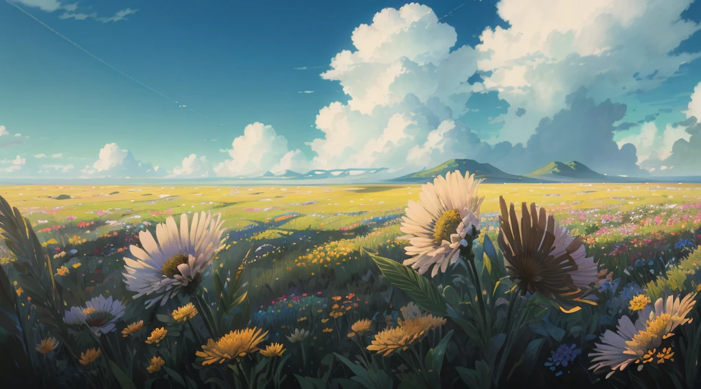 "Imagine a breathtaking scene of a vast and endless summer prairie, where only a few small flowers bloom underneath a vast expanse of large clouds, all captured in stunning hyper-detail thanks to ray tracing technology. Let the surrealism of the deep field focus bokeh draw you in, illuminated by the soft light of the blue sky with an added touch of hot weather, making the scene feel truly cinematic. To enhance this experience, enable the 8k detail for the ultimate viewing pleasure."