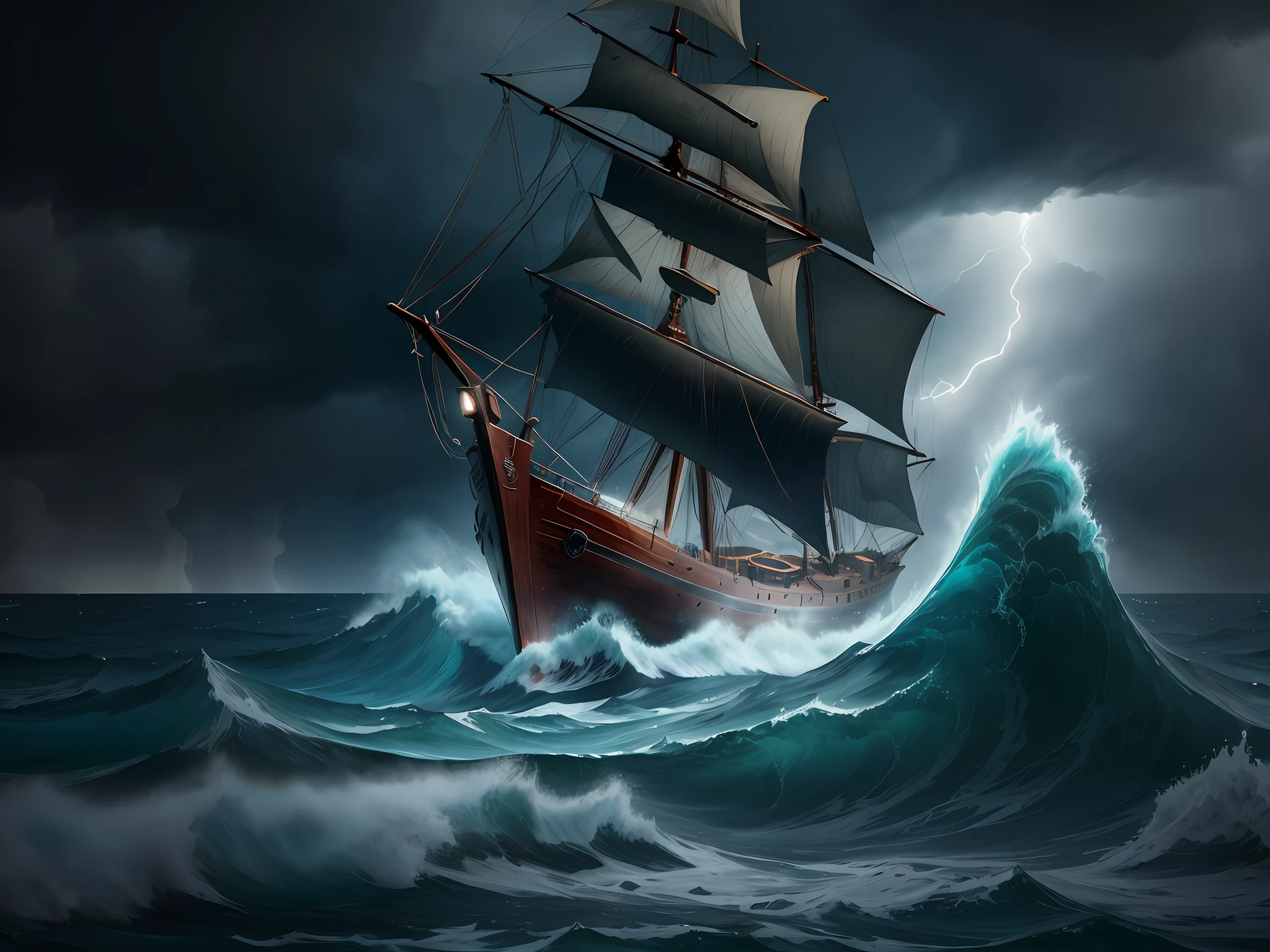 An ancient yacht in a stormy sea, big waves, and rain,8k ,photographer mood,cinema lighting,full detail,style on movie