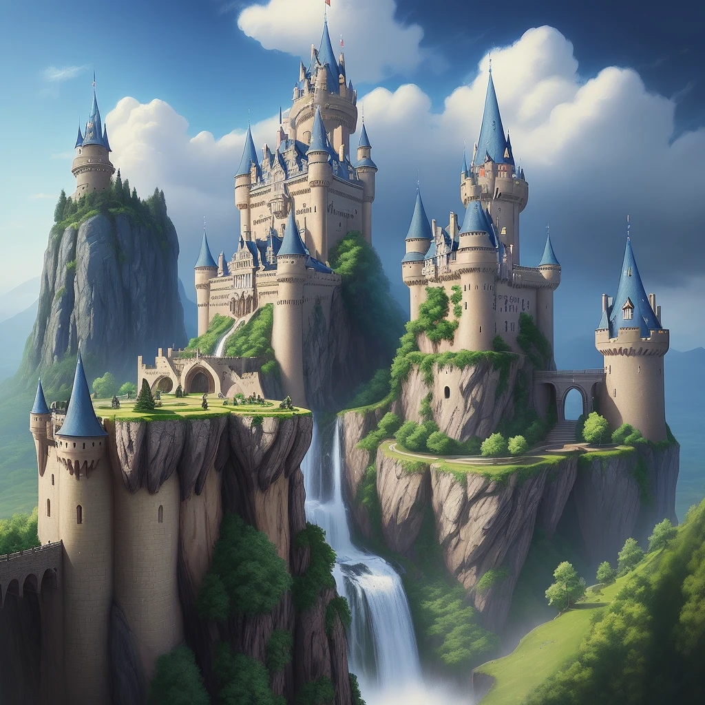 anime scene of a castle with a waterfall and a couple of people, concept art by Franz Hegi, pixiv contest winner, fantasy art, magical castle school on a hill, castle scene manga, anime fantasy artwork, castle background, anime fantasy illustration, fairy-tale illustration style, high fantasy castle, detailed scenery —width 672, fantasy castle