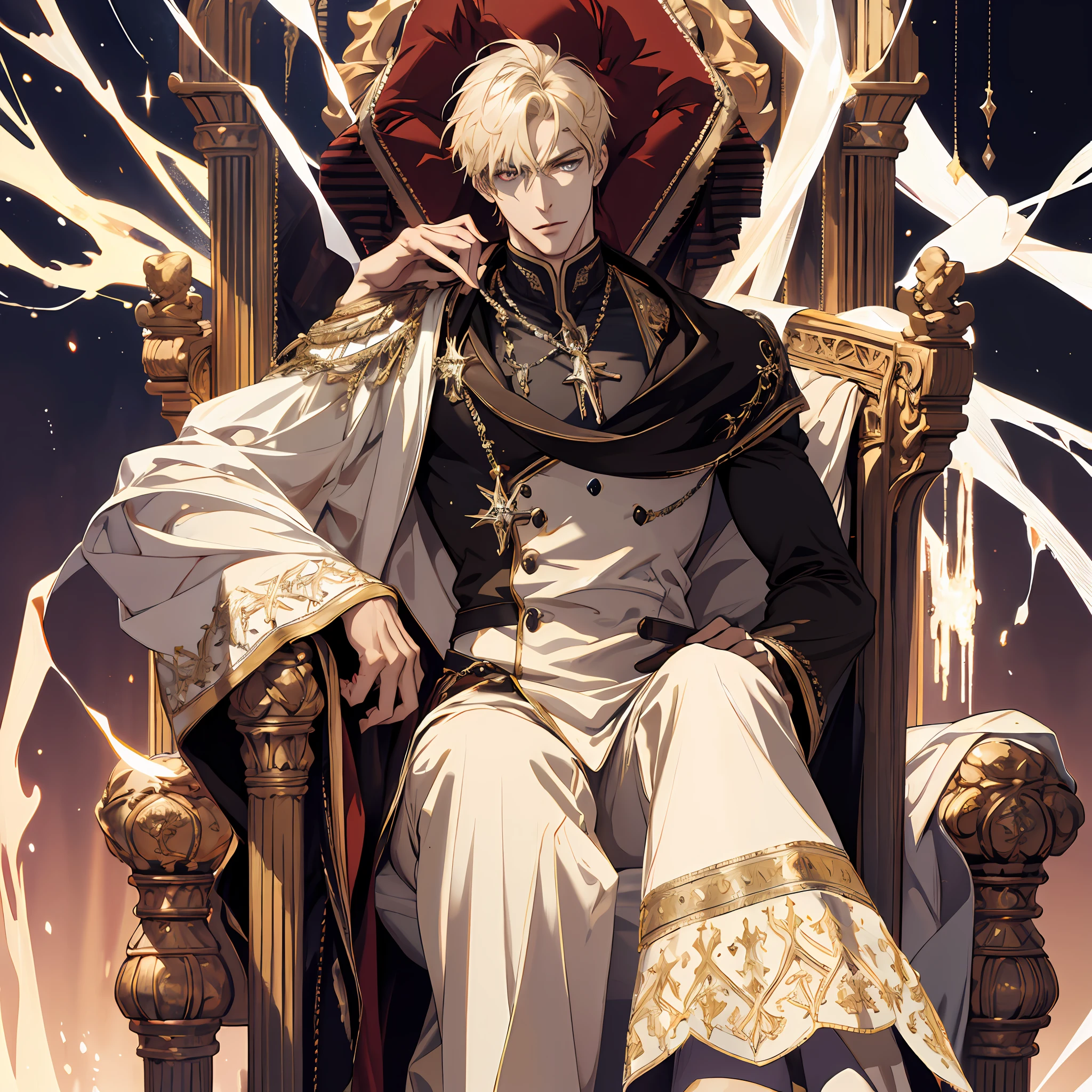 (absurdres, highres, ultra detailed), 1 male, adult, handsome, tall muscular guy, broad shoulders, finely detailed eyes and detailed face, light color hair, fantasy, magnificent background, throne, magic effect, flame