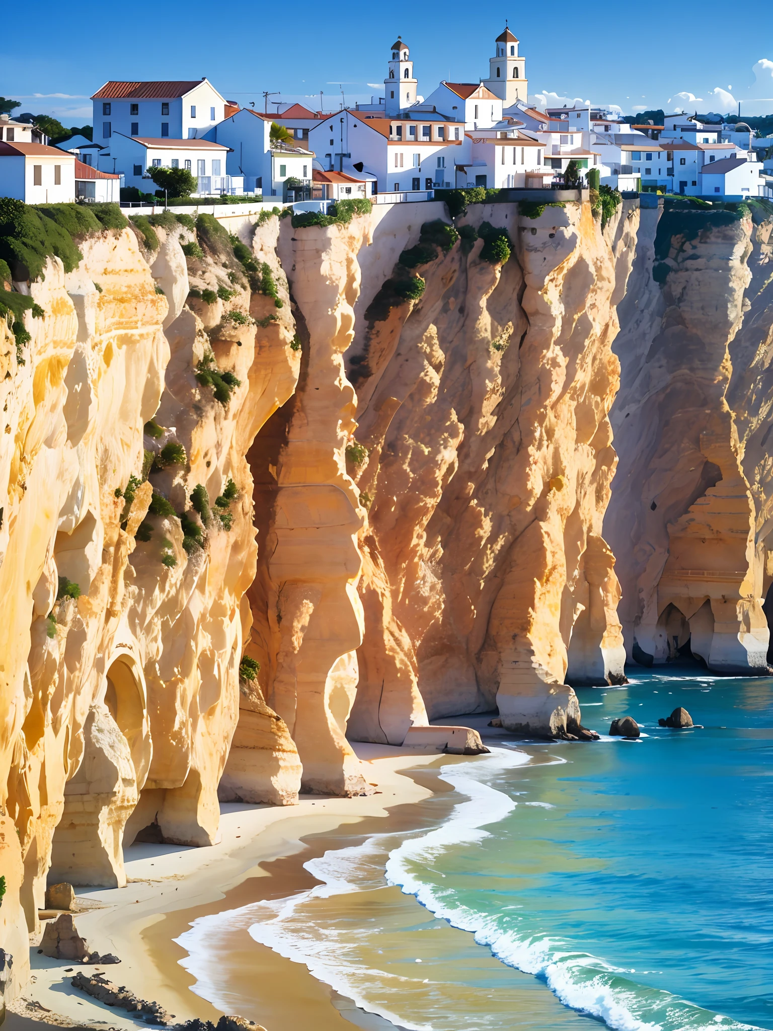 Algarve, yellow cliffs, white houses, summer, sunset, ocean, beach--v6