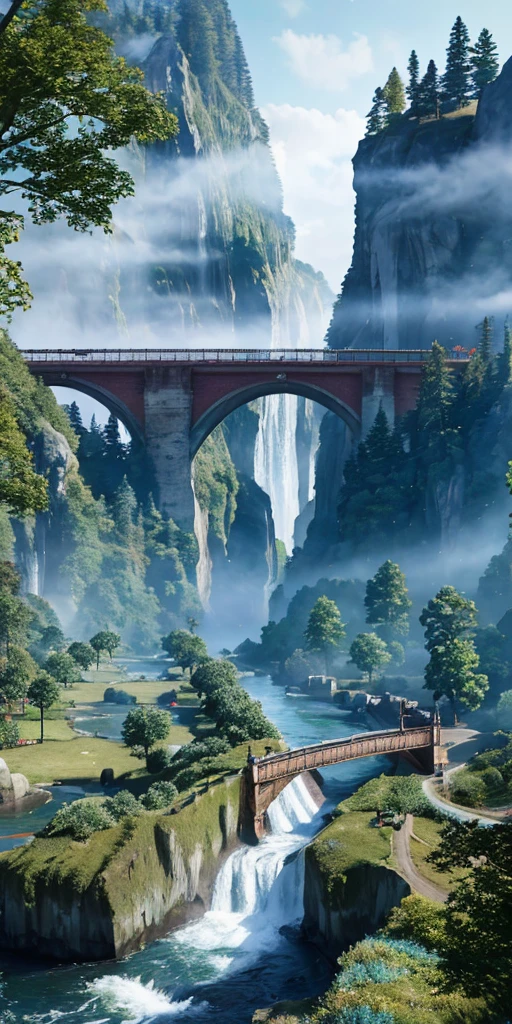 Analog style,ChromaV5,nvinkpunk,(extremely detailed CG unity 8k wallpaper),An image of a majestic river, trees on the sides, tiny waterfall, intense fog ,award winning photography, Chromatic Aberration, Detailed , HDR, Bloom, style by Monet, Pissarro, and Sisley ,trending on ArtStation, trending on CGSociety, art by midjourney