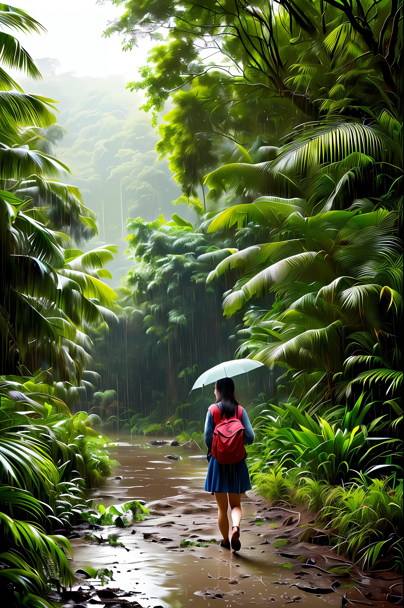 Beautiful girl, Pictures taken from afar, jungle background, detailed, wet mud floor, rainy weather, digital painting, art station, concept art, breathtaking, high detail, very detailed, beautiful, setting shots, hyperrealism, Unreal Engine 5,