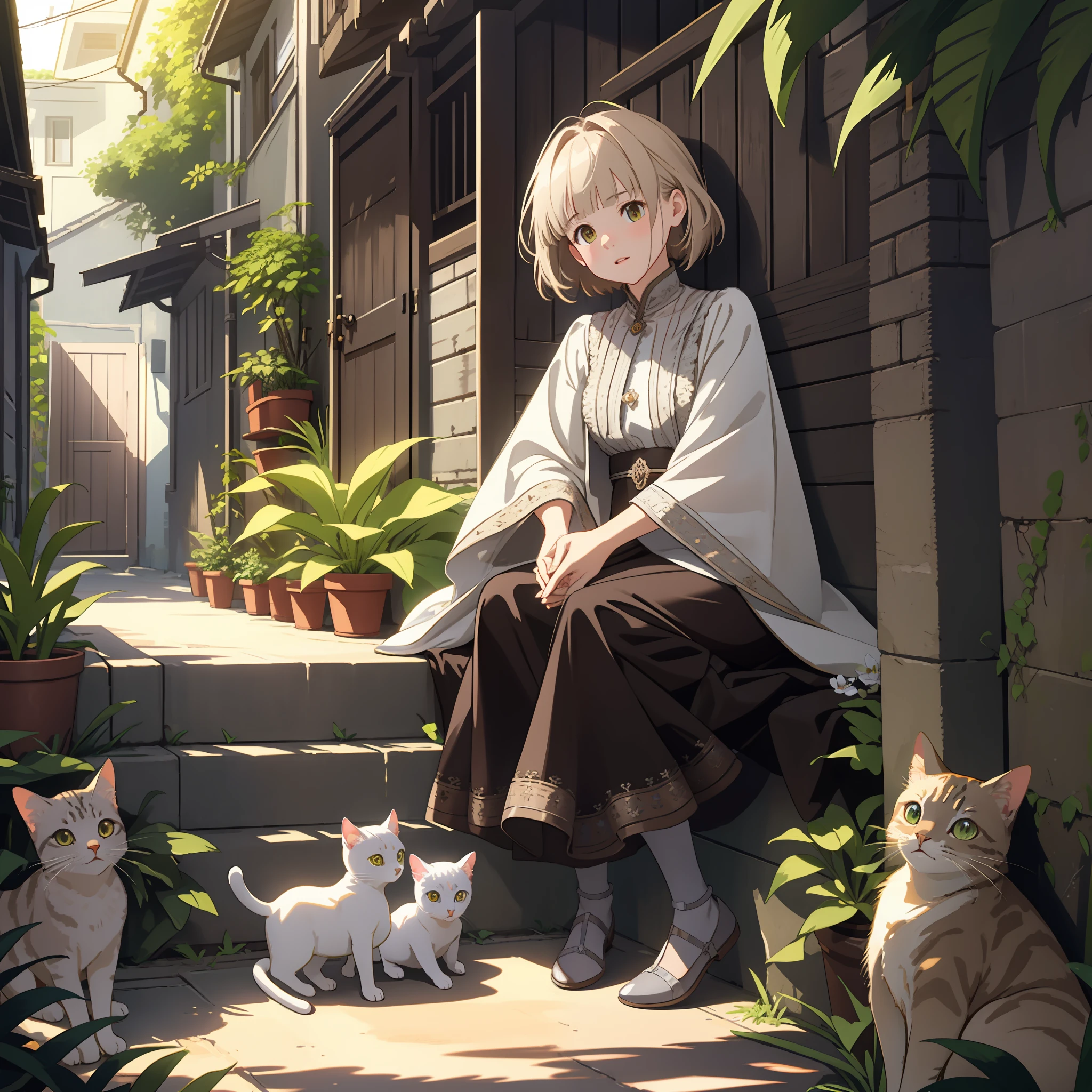 detailed face, extremely detailed CG unity 8k wallpaper, intricate details, best ratio four finger and one thumb, best light and shadow, background is back alley, detasiled sunlight, sitting, Little cats are gathered next to him, dappled sunlight, day, plants, summer, depth of field