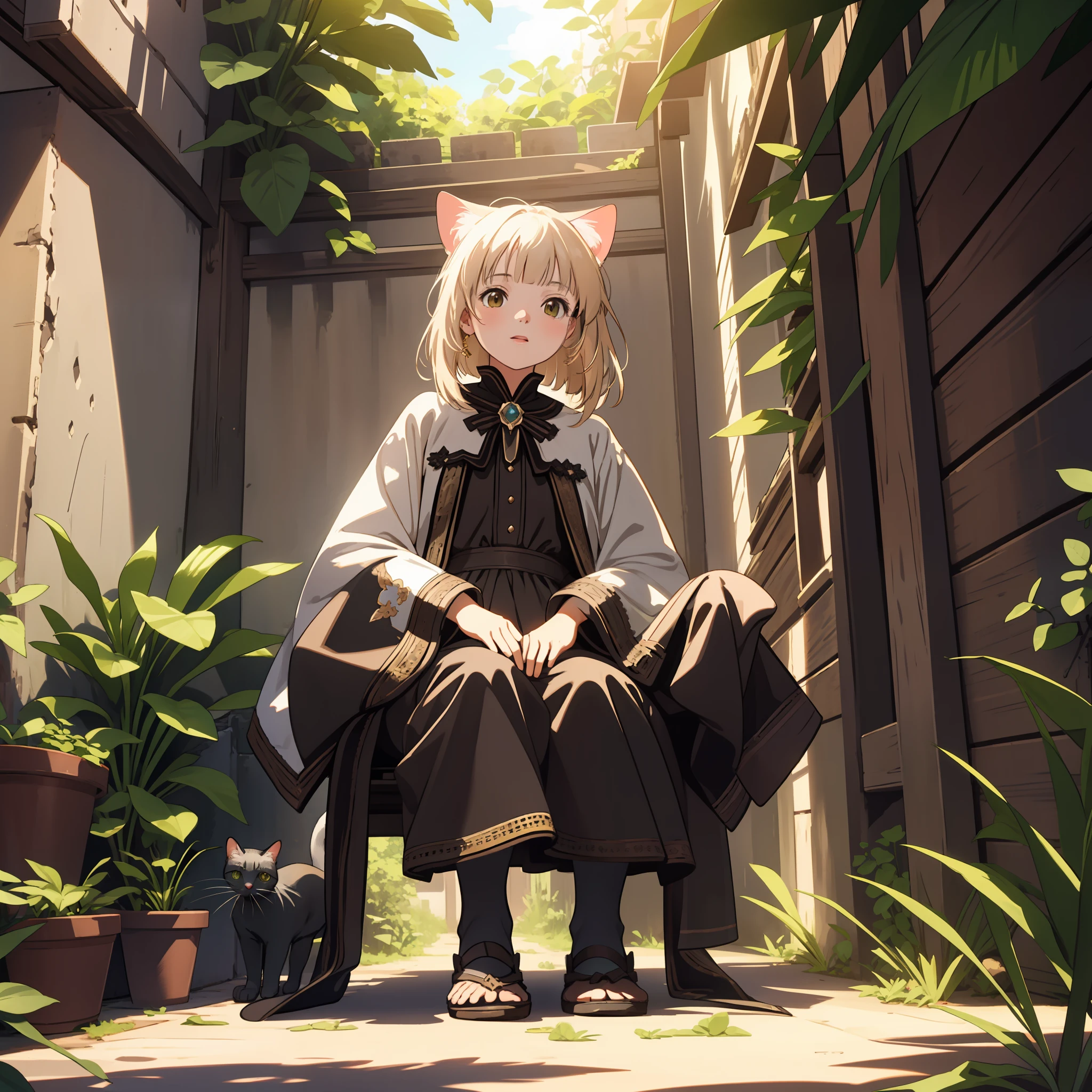 detailed face, extremely detailed CG unity 8k wallpaper, intricate details, best ratio four finger and one thumb, best light and shadow, background is back alley, detasiled sunlight, sitting, Little cats are gathered next to him, dappled sunlight, day, plants, summer, depth of field