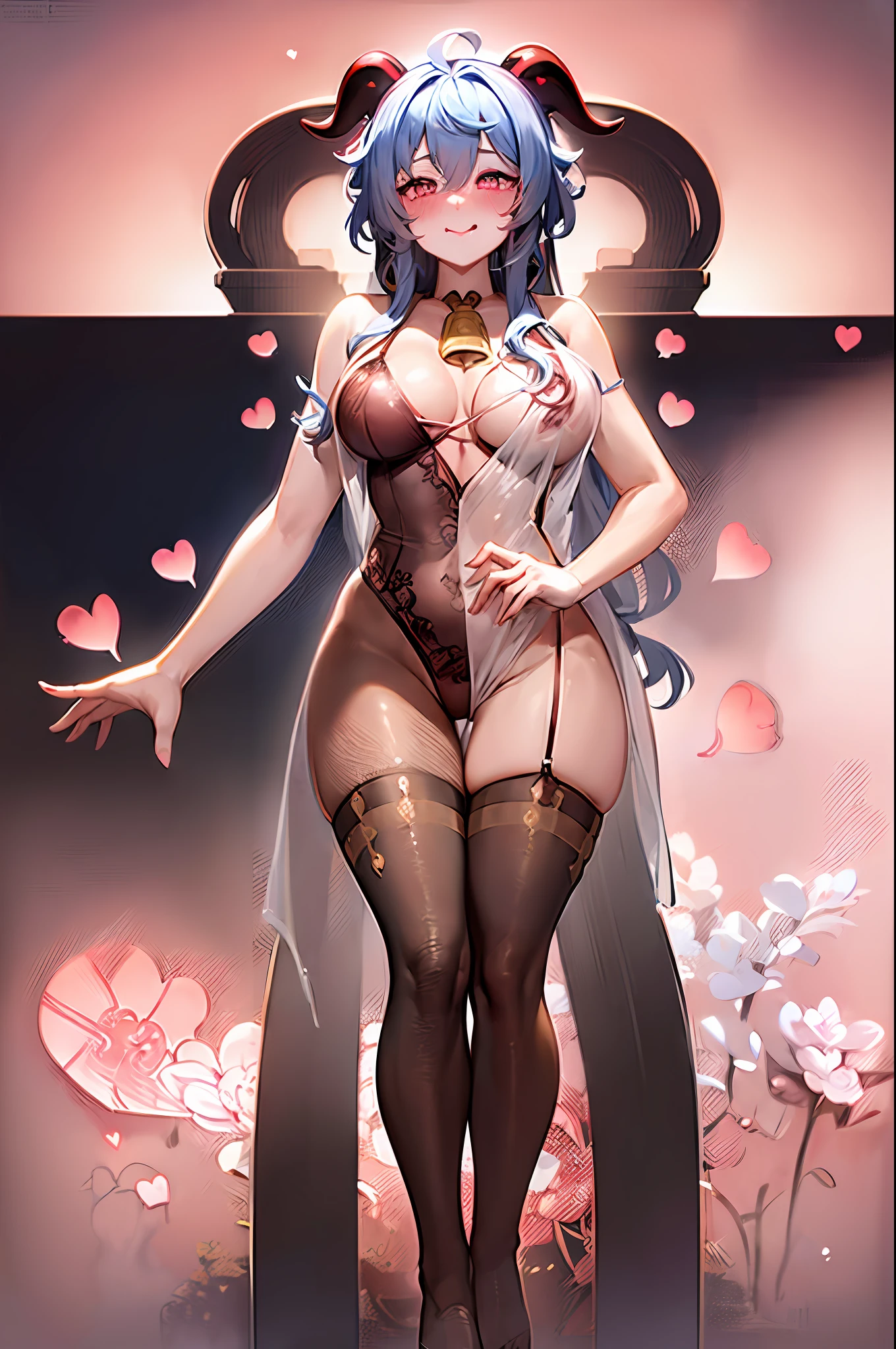 ((Ganyu)), (naked:1.3), (see-through lingerie:1.4), (blushing face:1.6), smiling, tongue out, (heart-shaped pupil:1.5), ((full body shot))