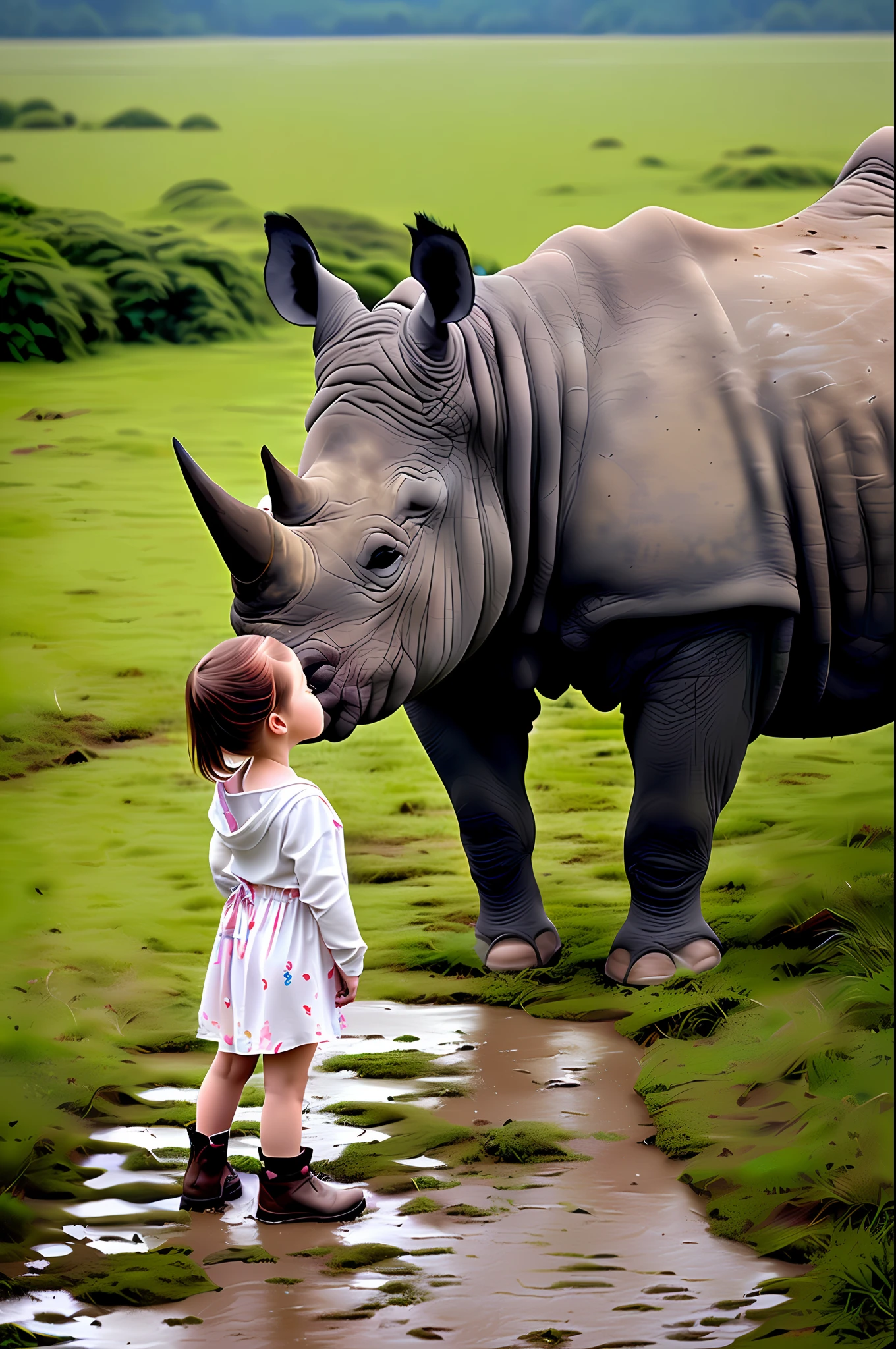 1Rhinoceros, (Cute human little girl touching a rhinoceros), Distant photo, meadow background, detailed, wet mud floor, rainy weather, digital painting, art station, concept art, breathtaking, high detail, very detailed, beautiful, setting shot, hyperrealism, Unreal Engine 5,