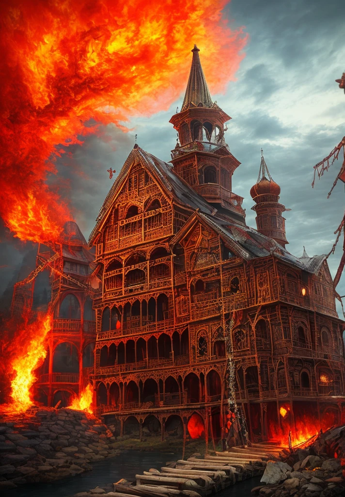 terem of Koshchei The Immortal in Old Russian style, skeleton in chains, fiery river and red-hot iron bridge, dark fantasy