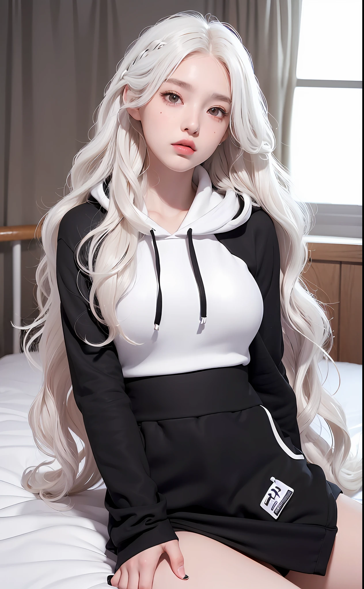 (Masterpiece, Photorealistic, High Resolution), ((1girl):1.2), Korean, ((white wavy hair):1.3), (Heterochromia eyes:1.1, Thick eyebrows, small mole below eye), (white open hoodie, black gym shorts), ((medium breast):1.2, small waist, large thighs), sitting on bed
