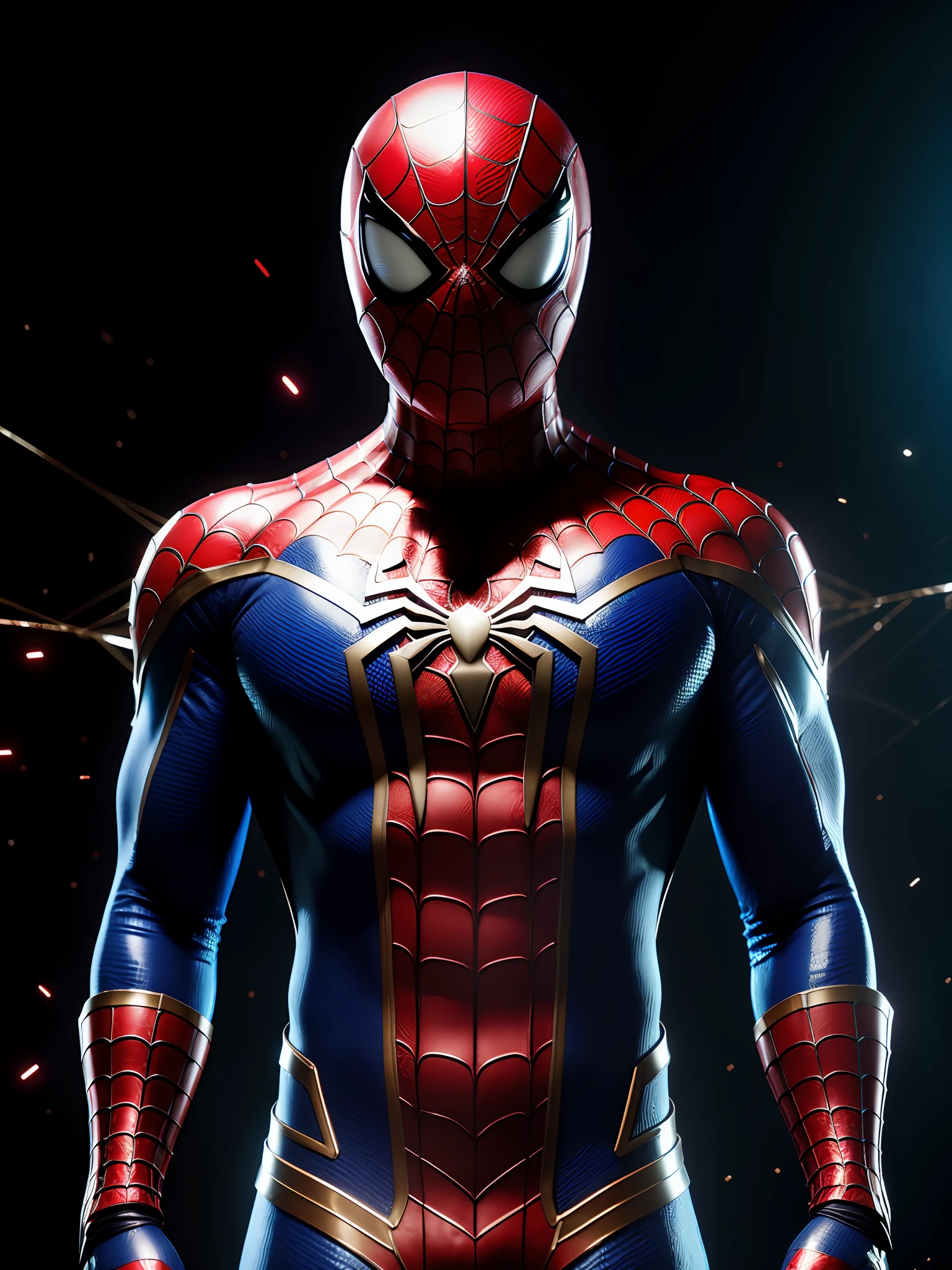 midjourny-v4 style, Professional Photoshot medium a spiderman with highly detailed intricate cybernetics outfit, highly detailed beautiful face, standing in darkness with black particles surrounded the body, proportional body shape + perfect anatomy, symetrical dynamic pose, volumetric shadow, neon glowing dust particles effect + detailed particles, full hd render + 3d octane render + unreal engine 5 graphic 4k UHD + immense detail + dramatic lighting + well lit + intricate + fine details + octane render + Ray tracing + 8k + sharp focus + high vibran contrast, in the style Marvel style, trending on ArtStation