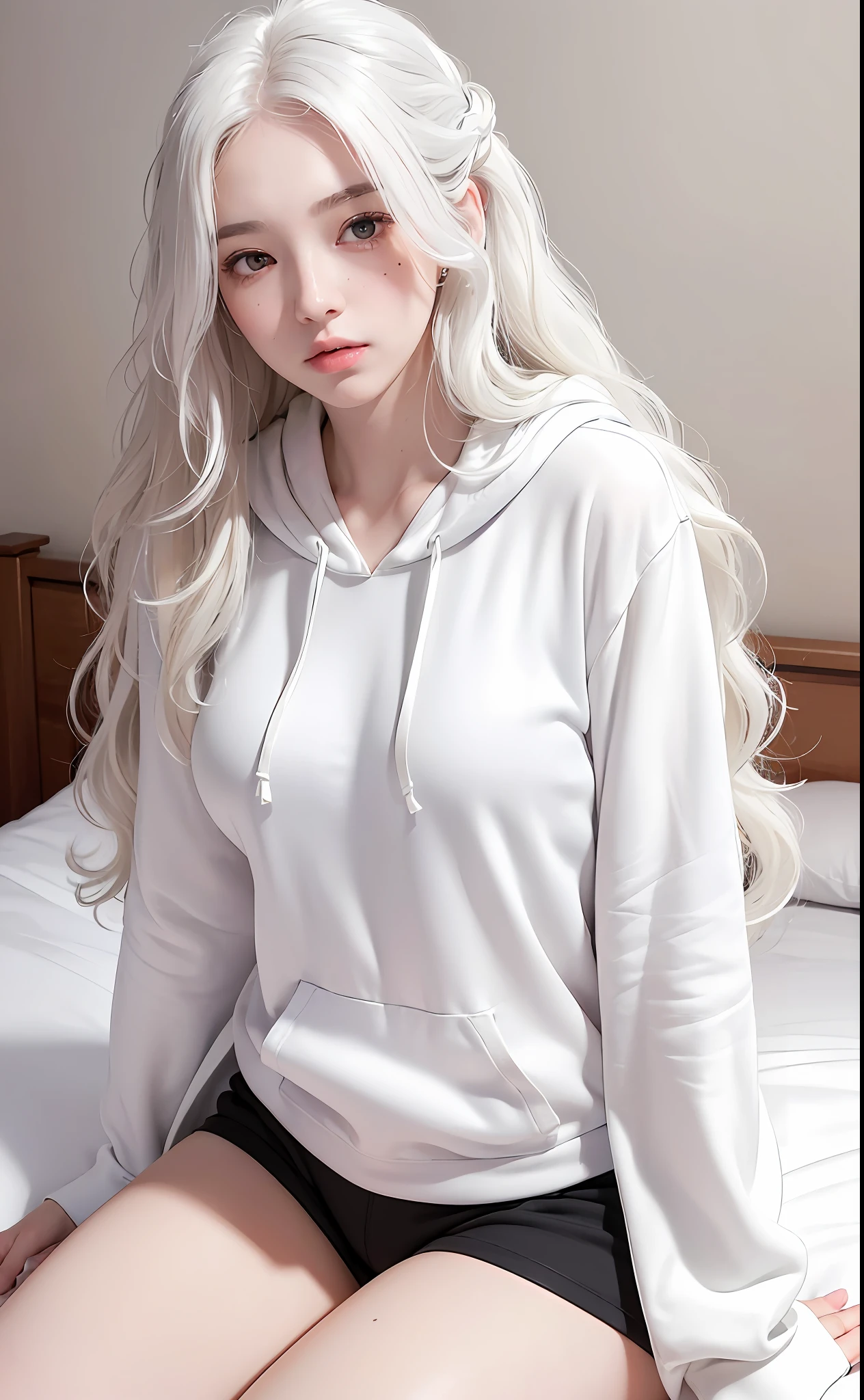 (Masterpiece, Photorealistic, High Resolution), ((1girl):1.2), Korean, ((white wavy hair):1.3), (Heterochromia eyes:1.1, Thick eyebrows, small mole below eye), (white open hoodie, black gym shorts), ((medium breast):1.2, small waist, large thighs), sitting on bed