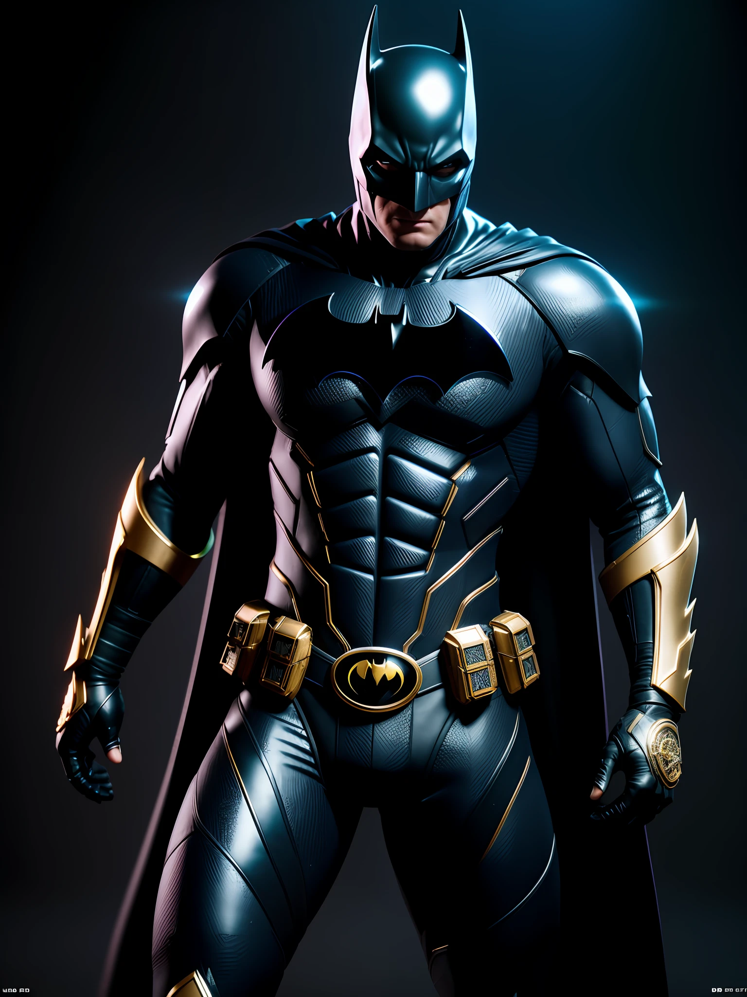 midjourny-v4 style, Professional Photoshot medium a Batman with highly detailed intricate cybernetics outfit, highly detailed beautiful face, standing in darkness with black particles surrounded the body, proportional body shape + perfect anatomy, symetrical dynamic pose, volumetric shadow, neon glowing dust particles effect + detailed particles, full hd render + 3d octane render + unreal engine 5 graphic 4k UHD + immense detail + dramatic lighting + well lit + intricate + fine details + octane render + Ray tracing + 8k + sharp focus + high vibran contrast, in the style DC style, trending on ArtStation