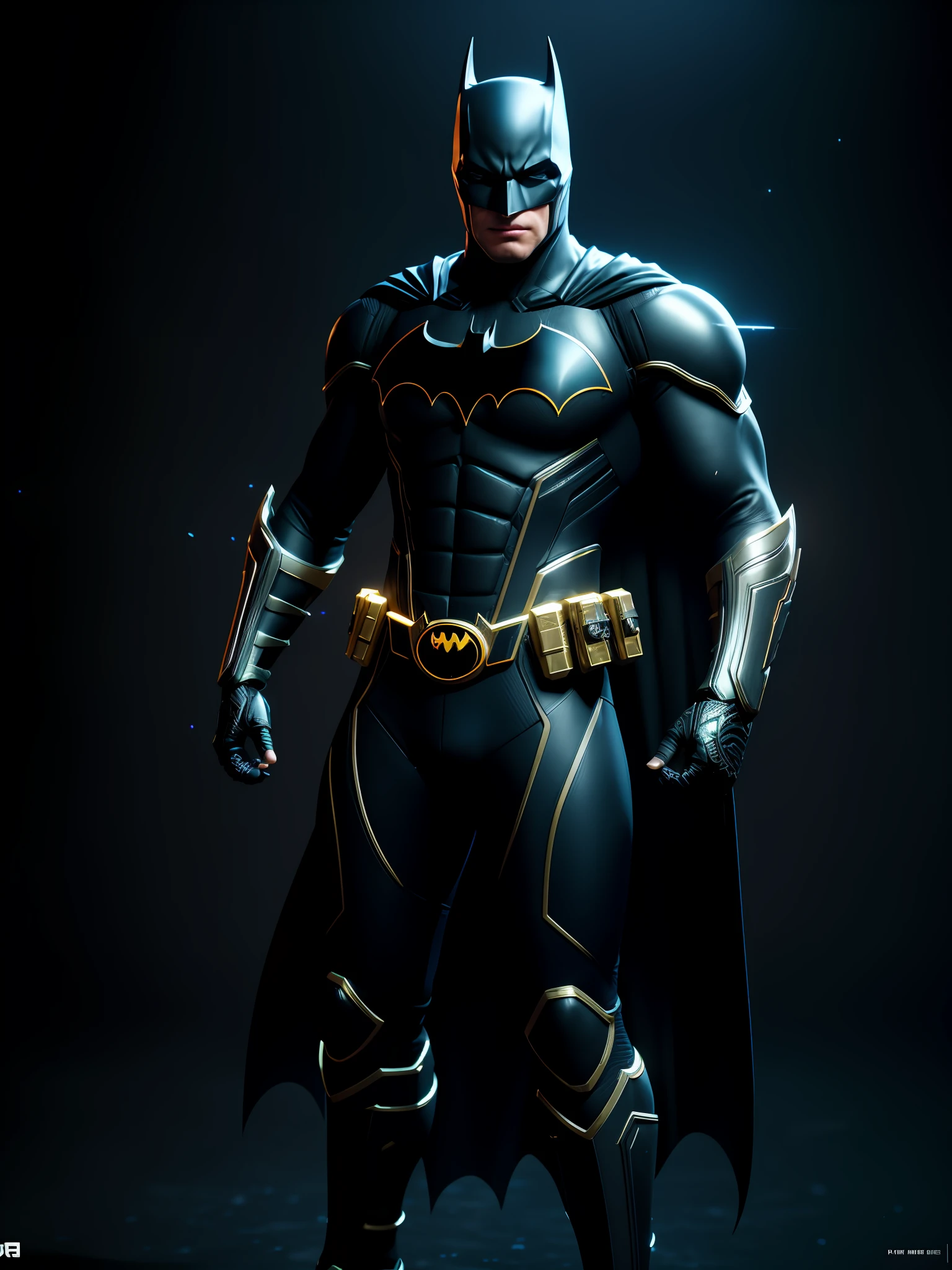 midjourny-v4 style, Professional Photoshot medium a Batman with highly detailed intricate cybernetics outfit, highly detailed beautiful face, standing in darkness with black particles surrounded the body, proportional body shape + perfect anatomy, symetrical dynamic pose, volumetric shadow, neon glowing dust particles effect + detailed particles, full hd render + 3d octane render + unreal engine 5 graphic 4k UHD + immense detail + dramatic lighting + well lit + intricate + fine details + octane render + Ray tracing + 8k + sharp focus + high vibran contrast, in the style DC style, trending on ArtStation