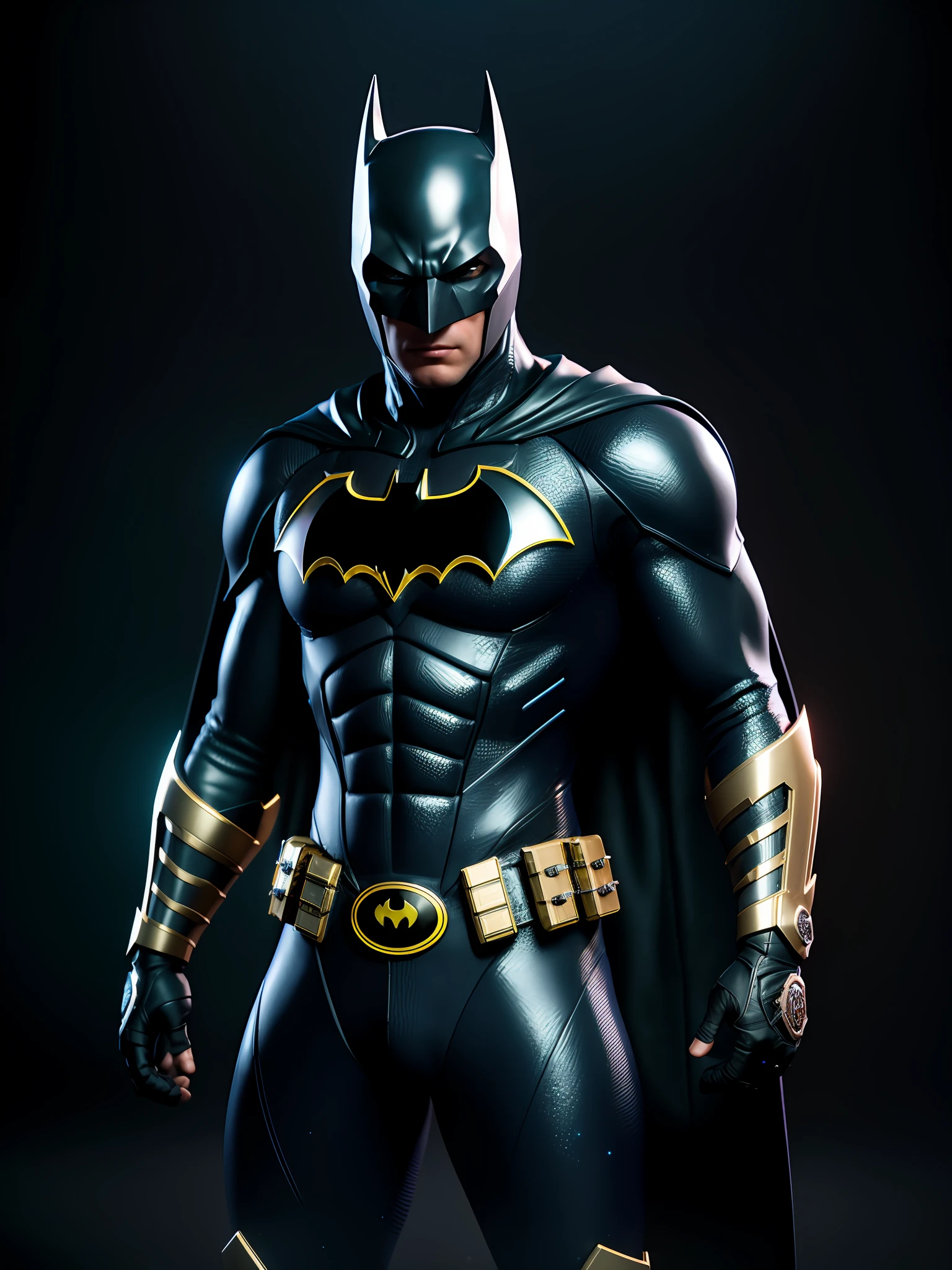 midjourny-v4 style, Professional Photoshot medium a Batman with highly detailed intricate cybernetics outfit, highly detailed beautiful face, standing in darkness with black particles surrounded the body, proportional body shape + perfect anatomy, symetrical dynamic pose, volumetric shadow, neon glowing dust particles effect + detailed particles, full hd render + 3d octane render + unreal engine 5 graphic 4k UHD + immense detail + dramatic lighting + well lit + intricate + fine details + octane render + Ray tracing + 8k + sharp focus + high vibran contrast, in the style DC style, trending on ArtStation