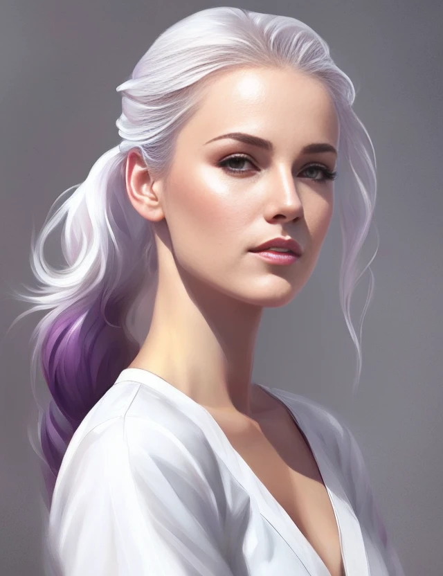 (chin up), (ponytail:1.4), woman, light skin, white person, purple pants, hands at sides, subtle v-neck, realistic, Caucasian, short black bob hair, scrubs, dark purple nurse uniform, (white blank background:1.5), masterpiece painting, dramatic glowing soft lighting, wallpaper, smooth, High quality, Centered, Illustration, Details, Portrait, gorgeous digital painting, stunning digital illustration, charlie bowater, artstation, style of charlie bowater, charlie bowater art style, charlie bowater character art, realistic artstyle, beautiful digital illustration, stunning digital painting