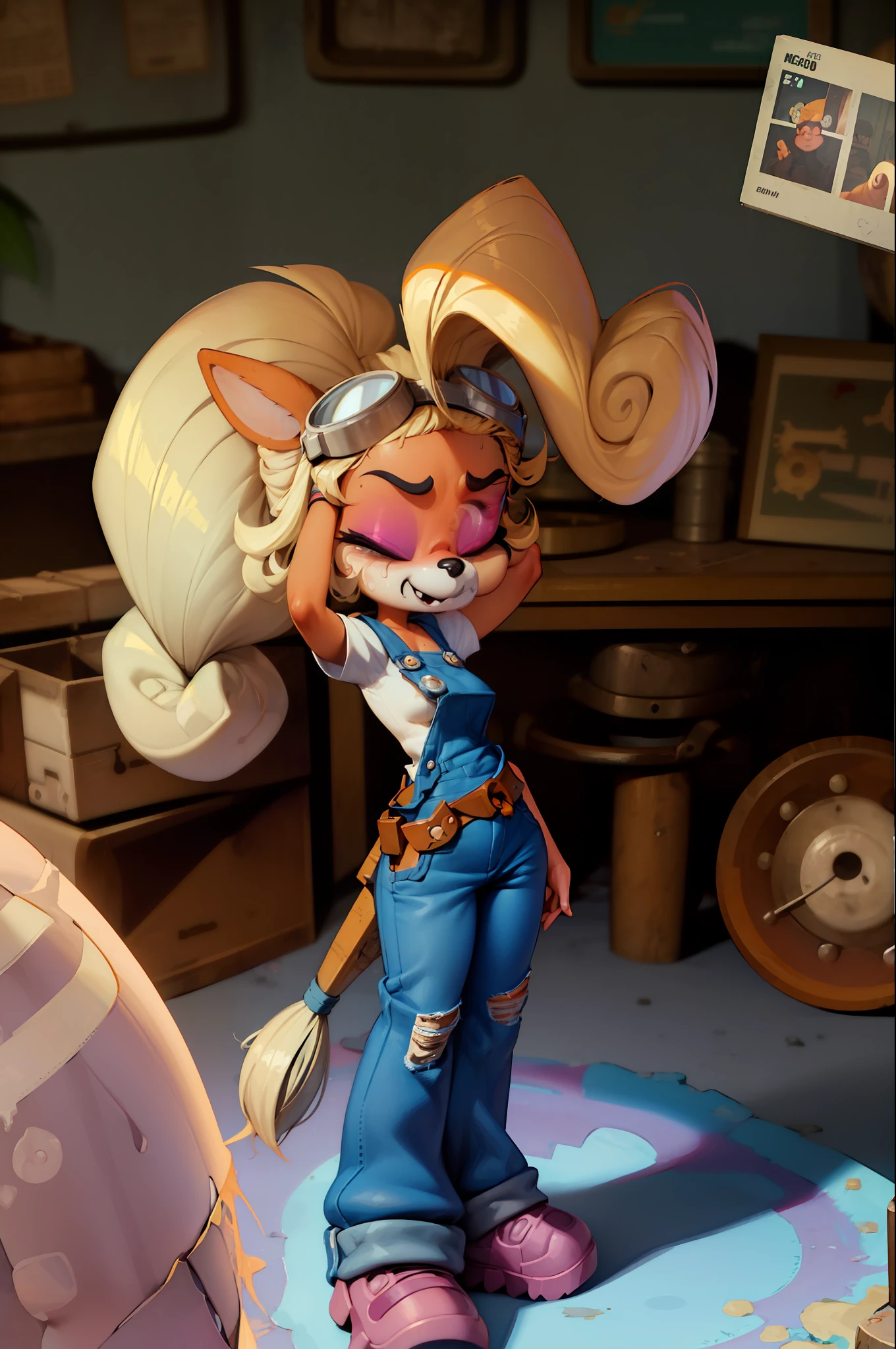 coco bandicoot , female, masterpiece, beautiful, white shirt, overalls, goggles on head, sweaty, dirty skin, dirty clothes, working in a mechanic shop, gears and machine parts in background, wiping brow, ponytail