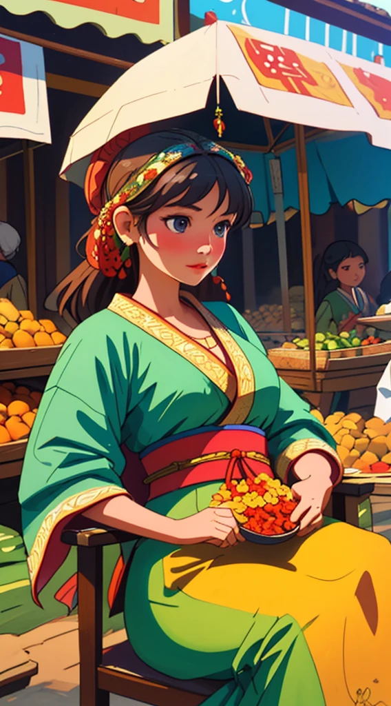 Incredibly detailed CG illustration masterpiece of a gorgeous young woman wearing traditional ethnic clothing, seated in [a vibrant and bustling market square with colorful fabrics, spices, and fruit stalls, surrounded by busy people and animals]: