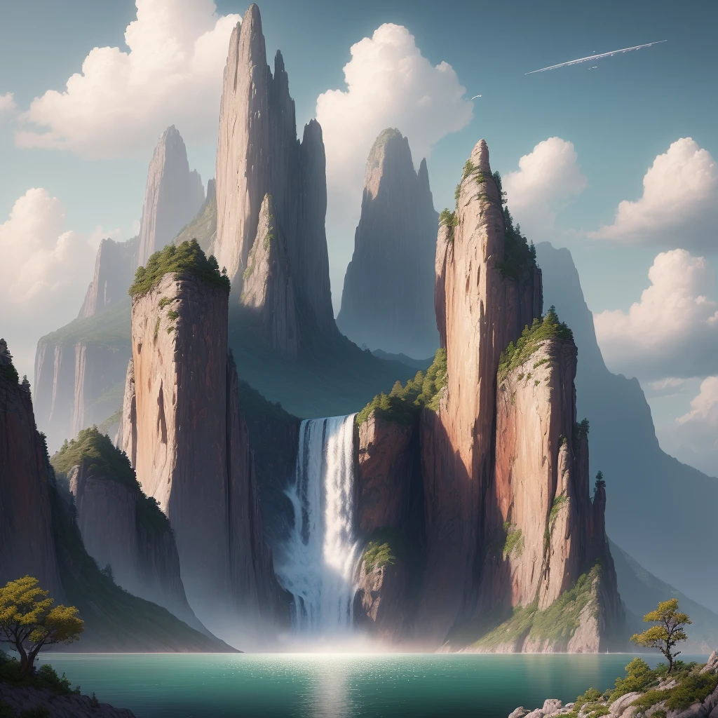 Masterpiece, best quality, high quality, extremely detailed CG unity 8k wallpaper, landscape, outdoor, sky, clouds, sky, no humans, mountain, landscape, water, tree, blue sky, waterfall, cliff, nature, lake, river , cloudy skies, award winning photography, bokeh, depth of field, HDR, bloom, chromatic aberration, photorealism, very detailed, trending on artstation, trending on CGsociety, intricate, high detail, dramatic, half way art