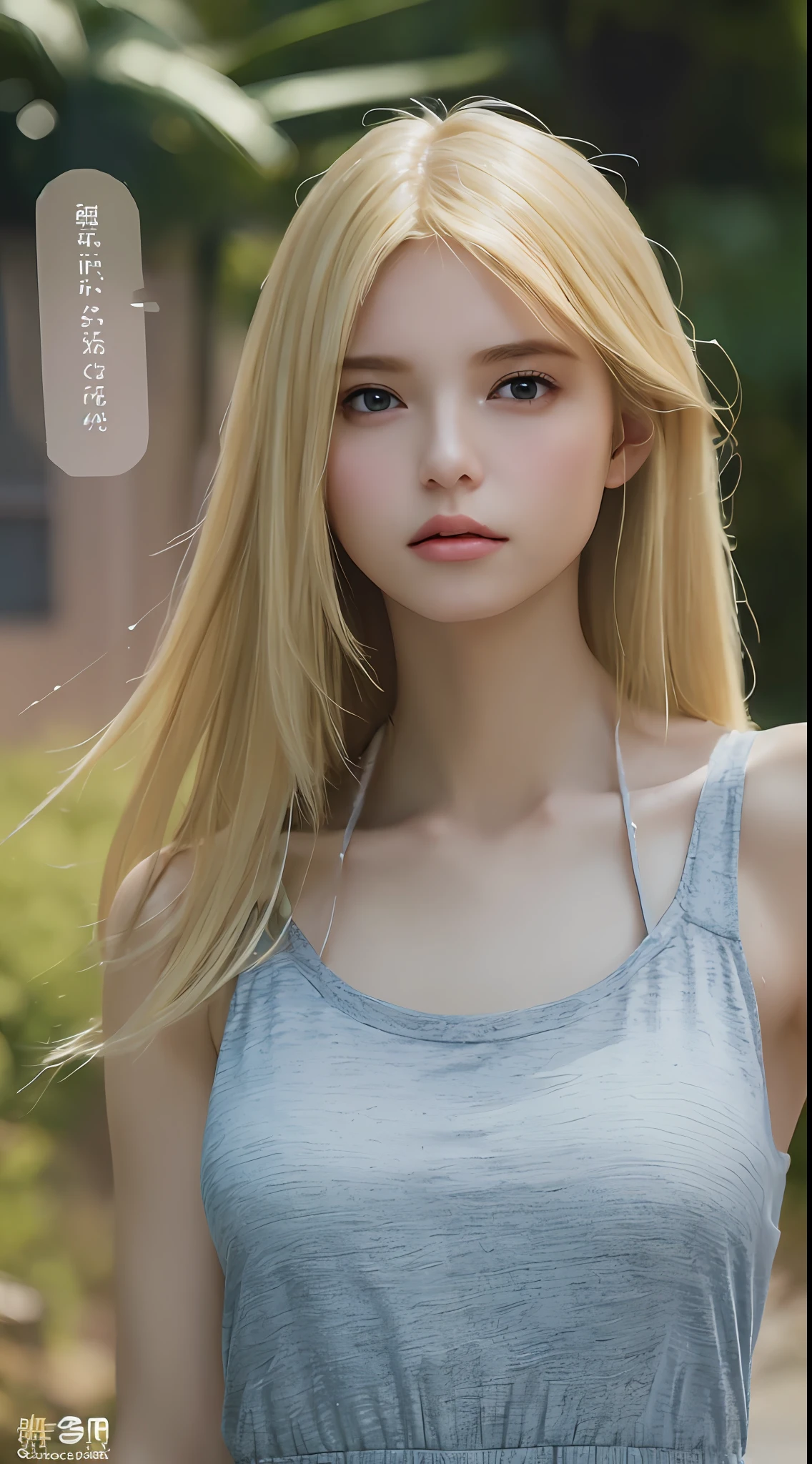 ((Best Quality, 8K, Masterpiece: 1.3)), Full Body, Focus Clear: 1.2, Outstanding Beauty: 1.4, Slender Abs: 1.2, ((Blonde, Big: 1.2)), Black Tank Top, Highly Detailed Face and Skin Texture, Detailed Eyes, Double Eyelids