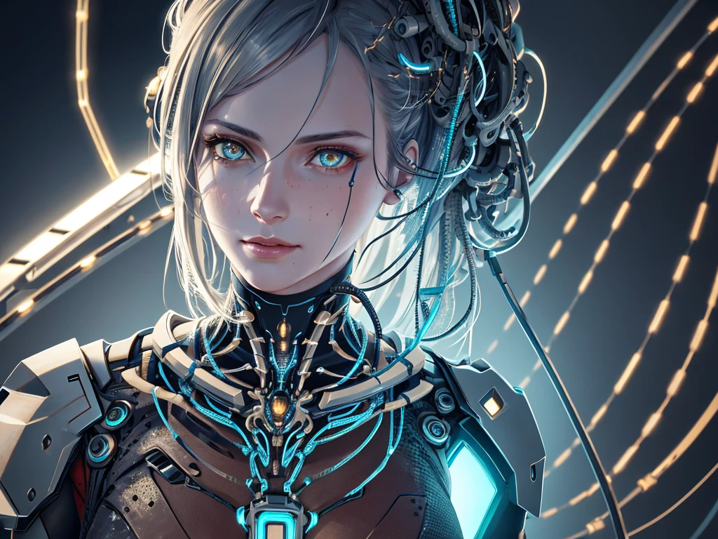 1mechanical girl,((ultra realistic details)), portrait, detailed face,global illumination, shadows, octane render, 8k, ultra sharp,metal,intricate, ornaments detailed, cold colors, egypician detail, highly intricate details, realistic light, trending on cgsociety, glowing eyes, facing camera, neon details, machanical limbs,blood vessels connected to tubes,mechanical cervial attaching to neck,wires and cables connecting to head,blood,from side