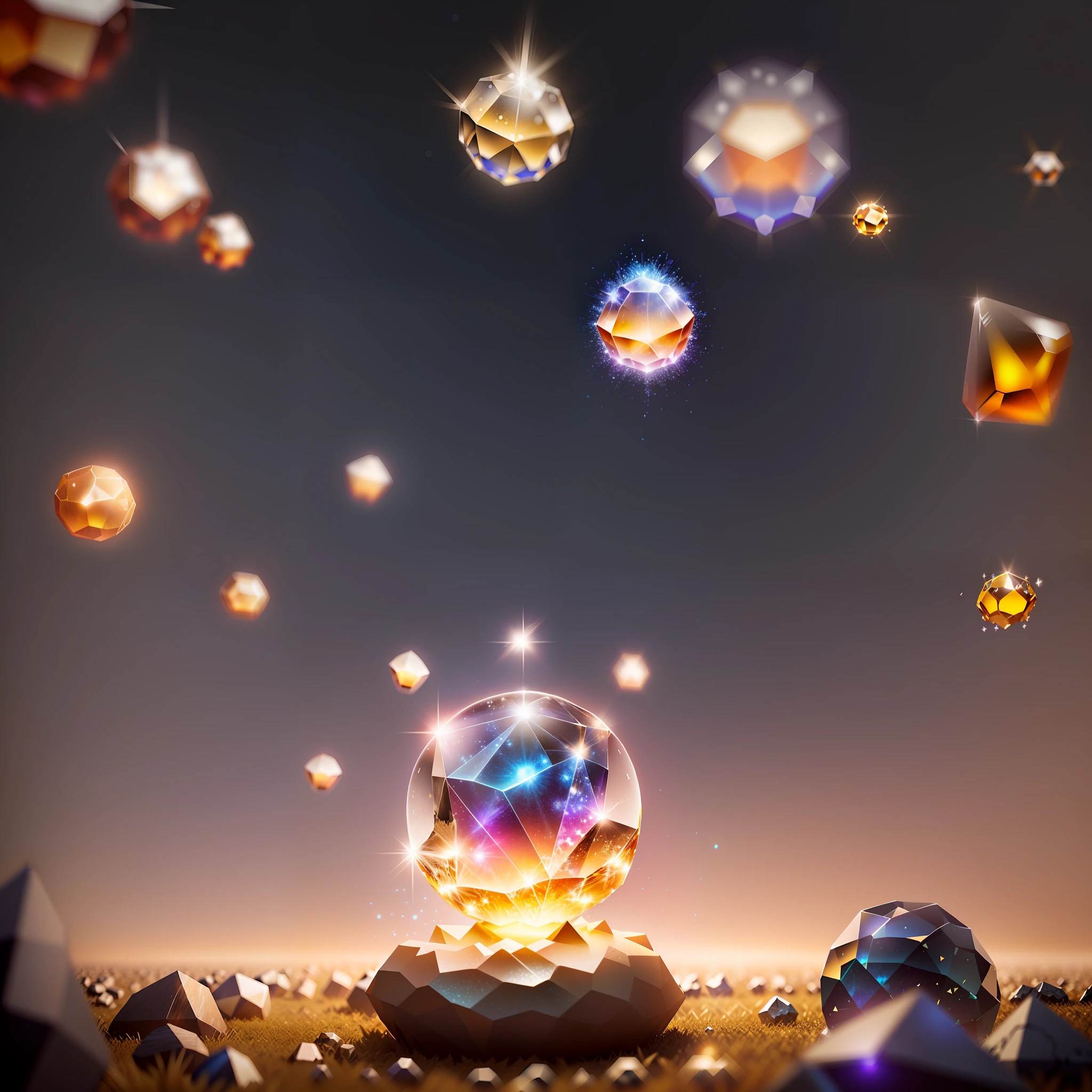 There is an anthill-shaped crystal ball sitting on a rock in the middle of a field, a magical fairy background, a magic background, a magical luminous sphere in the air, a crystal shining on a rock, an epic concept art. bokeh, crystal ball, magical highlight concept art, floating symbols and crystals, represented as a 3D rendering, luminous sparkling crystals, anthill-shaped crystalline particles