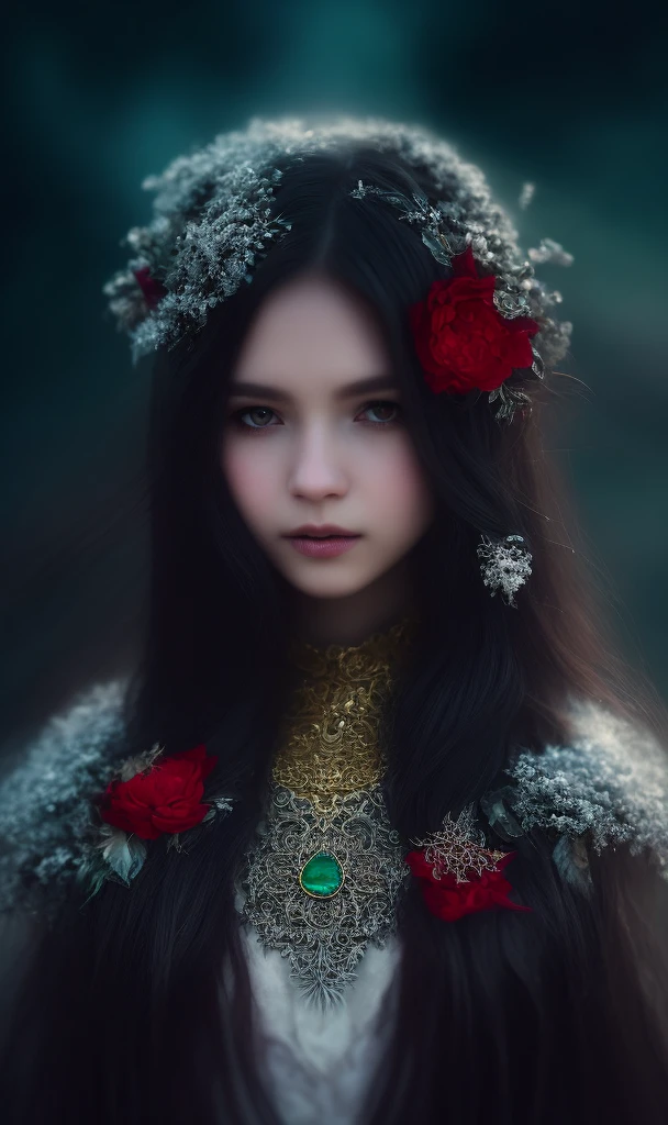 uminism, fantasy acrylic, close-up of cute European, by WLOP, Greg Rutkowski, long black red silky hair, flowers in hair, wheat shoot in hair, emerald eyes, feathery dress, gold necklace, silver glowing snow, winter, falling snow, complex background, dynamic lighting, light, digital painting, intricate pose, very detailed, cute, filigree, intricate