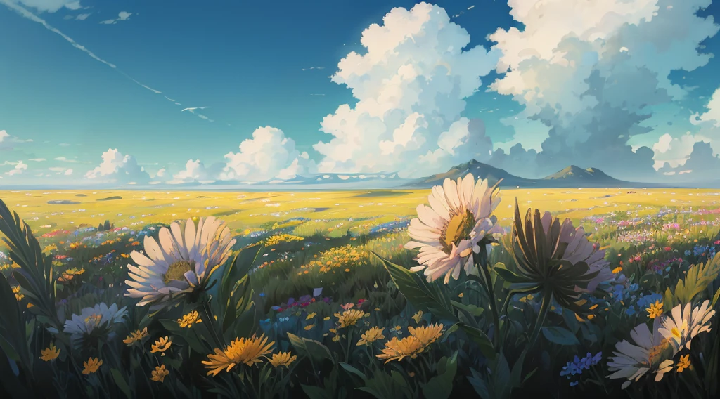 there are many flowers in the field with a mountain in the background, anime countryside landscape, anime background art, detailed scenery —width 672, anime landscape wallpaper, anime landscape, beautiful anime scenery, anime beautiful peace scene, anime scenery, ross tran. scenic background, beautiful anime scene, anime background, scenery artwork, studio glibly makoto shinkai