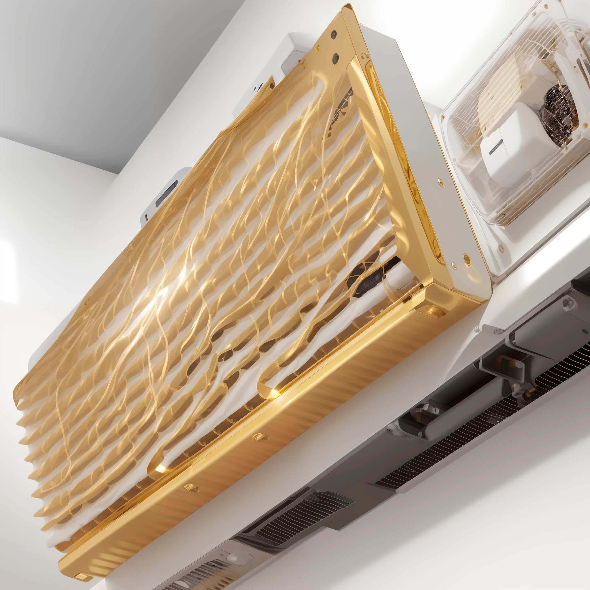 Gold air conditioner sitting on white background, glossy gold metal, air conditioning, sleek design, gold material, high resolution, high resolution, full view, gigabit, smooth gold, digital art h 9 6 0, glossy gold, glossy gold, 2700k, close up view, 2 7 0 0 K, side view above, product photo