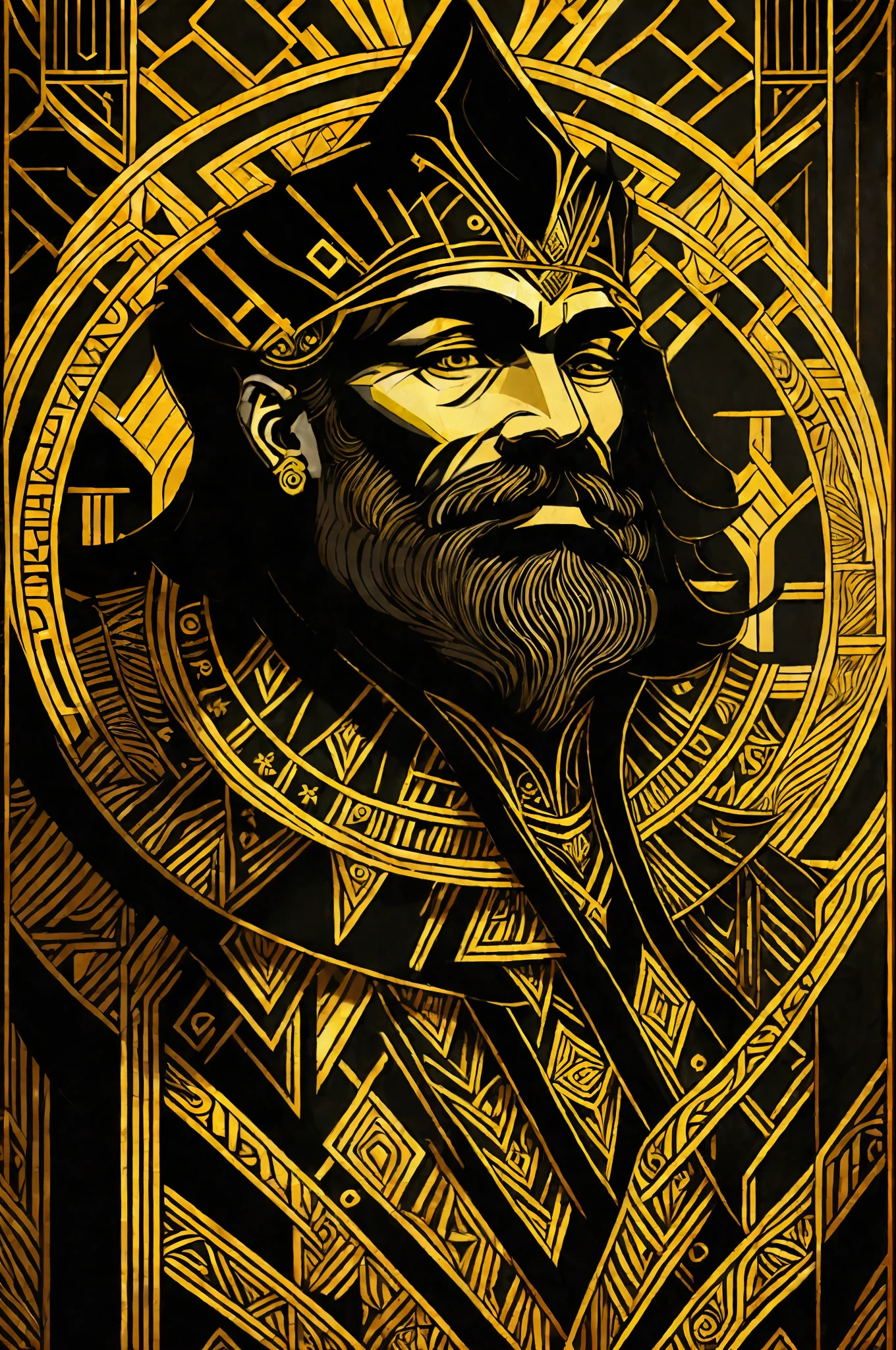 (masterpiece, 4k, ultra detailed, raw photo: 1.2), illustration, (1 old king:1), (single background: black and gold background1.4), (symmetry: 1.2), (Art Deco:1.4), (retro-futuristic:1.4), (minimalism:1.4), (clean:1.4), (flat_color:1.4), (cyberpunk, android: 1.4), CCDDA Artstyle