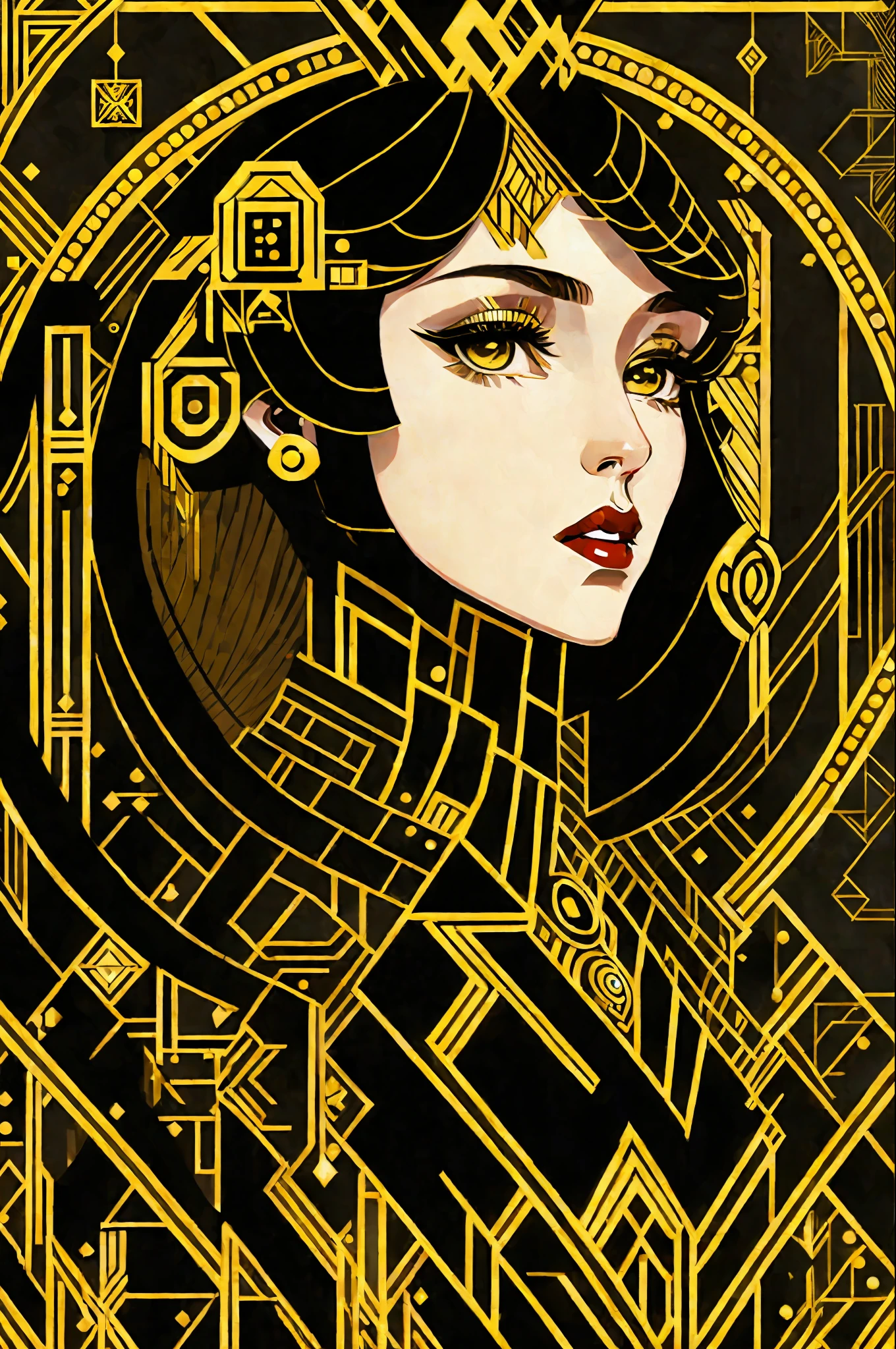 (masterpiece, 4k, ultra detailed, raw photo: 1.2), illustration, (***ung queen:1), (single background: black and gold background1.4), (symmetry: 1.2), (Art Deco:1.4), (retro-futuristic:1.4), (minimalism:1.4), (clean:1.4), (flat_color:1.4), (cyberpunk, android: 1.4), CCDDA Artstyle