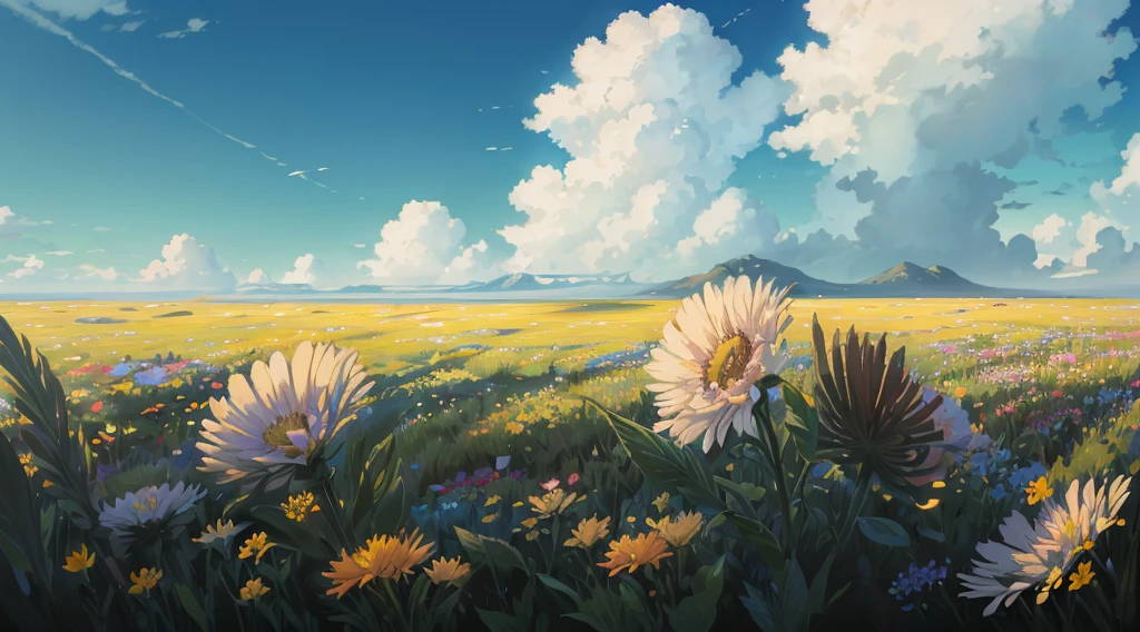 there are many flowers in the field with a mountain in the background, anime countryside landscape, anime background art, detailed scenery —width 672, anime landscape wallpaper, anime landscape, beautiful anime scenery, anime beautiful peace scene, ross tran. scenic background, anime scenery, beautiful anime scene, anime background, scenery artwork, studio glibly makoto shinkai