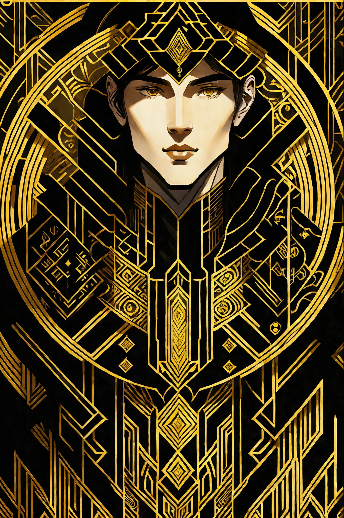 (masterpiece, 4k, ultra detailed, raw photo: 1.2), illustration, (1young king:1), (single background: black and gold background1.4), (symmetry: 1.2), (Art Deco:1.4), (retro-futuristic:1.4), (minimalism:1.4), (clean:1.4), (flat_color:1.4), (cyberpunk, android: 1.4), CCDDA Artstyle