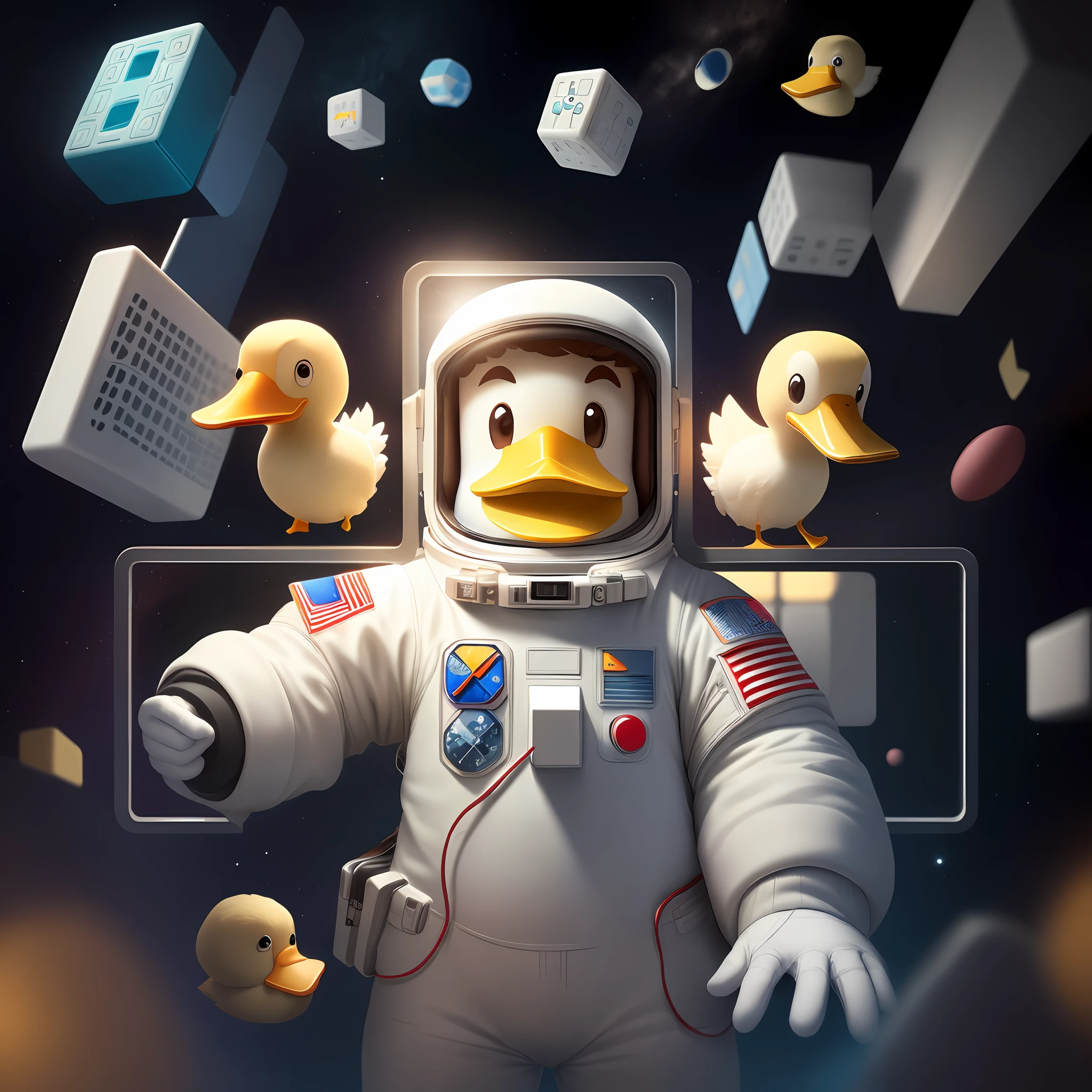 a tetris shaped game asset, astronaut duck inside