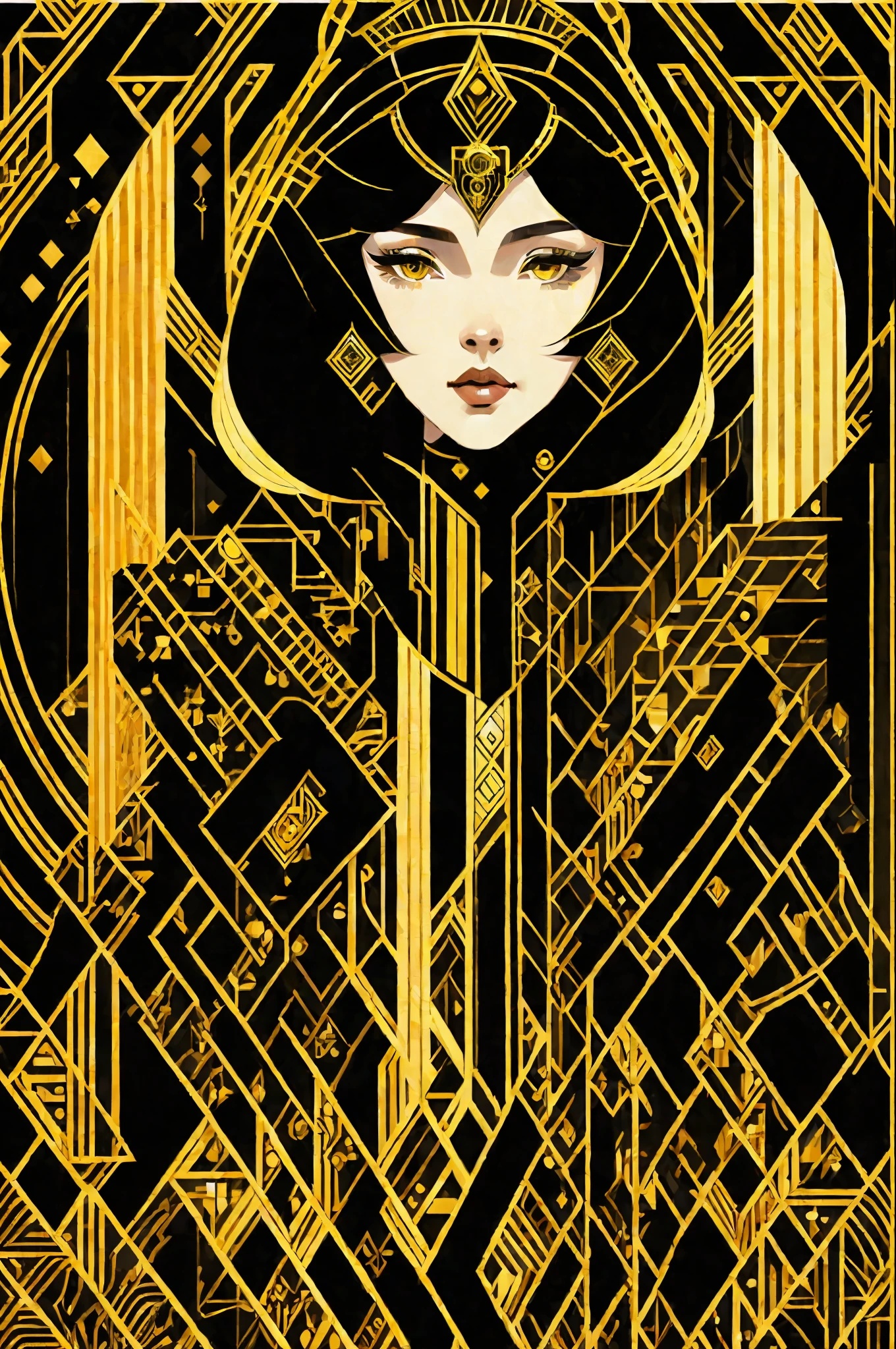 (masterpiece, 4k, ultra detailed, raw photo: 1.2), illustration, (ung queen:1), (single background: black and gold background1.4), (symmetry: 1.2), (Art Deco:1.4), (retro-futuristic:1.4), (minimalism:1.4), (clean:1.4), (flat_color:1.4), (cyberpunk, android: 1.4), CCDDA Artstyle