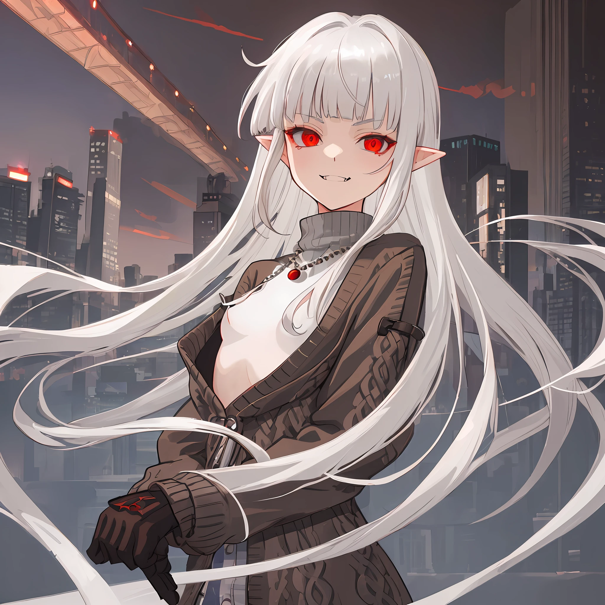 1girl, white hair, bangs, blunt bangs, (((gray turtleneck underneath dark brown cardigan))), pearl necklace, dark brown gloves, modern, modern outfit, pointy ears, solo, serious expression, smirk, vampire fangs, red eyes, glowing red eyes, anime, modern day, UHD, best quality, new york in background, new york city, night time, zerochan art, fine detail, perfect white hair girl, white hair deity, (((flat chested))), flat chest, fully clothed, sfw