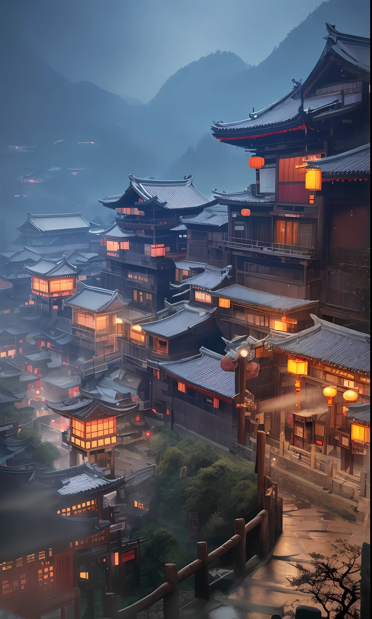 arafed view of a village with a lot of lights on the buildings, dreamy chinese town, chinese village, amazing wallpaper, japanese town, japanese village, hyper realistic photo of a town, old asian village, japanese city, by Raymond Han, rainy evening, cyberpunk chinese ancient castle, beautifully lit buildings, at evening during rain, beautiful and aesthetic, photography, cinematic, 8k, high detailed ((Heavy rain)))