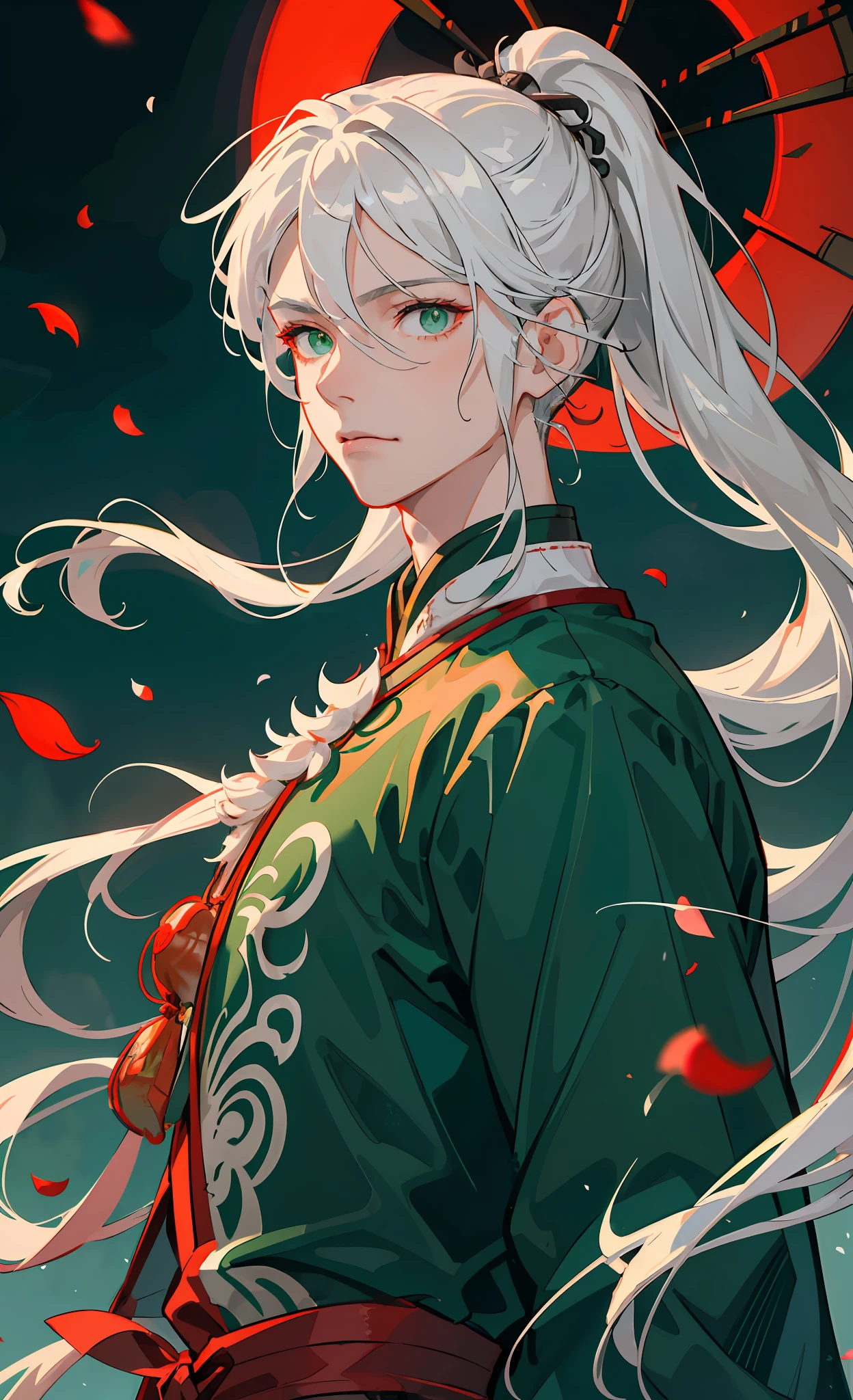 Mature male, resolute eyes, green eyes, silver hair bundle, hairpin, high ponytail, Chinese ancient fairy white clothing, fov, f/1.8, masterpiece, , blood moon, night, petals flying, front portrait shot, side light, moonlight shining on people, 8K