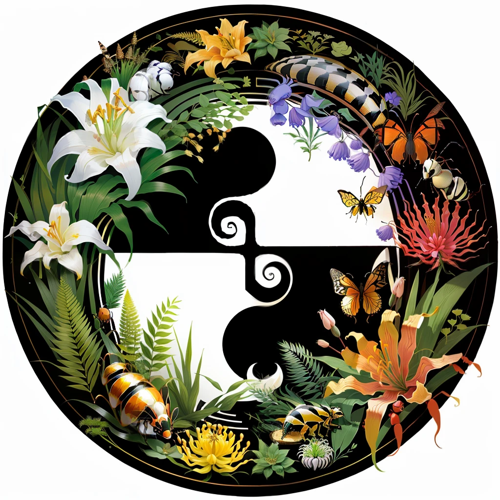 yin yang anthill, Ants, lilies, insects, ferns