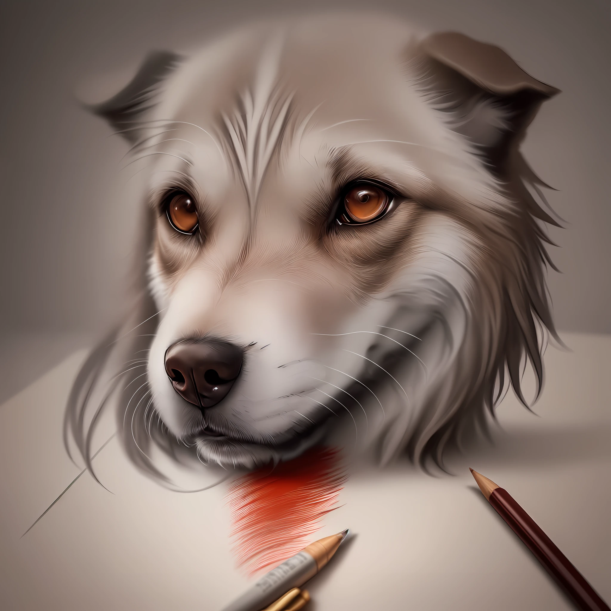 This half-length portrait of a dog beautifully rendered in charcoal and blood-colored pencil is a tribute to the world's great artists. The artist has carefully chosen a textured paper to highlight the tactile qualities of the drawing. With skillfully drawn lines and subtle shading, the dog comes alive in the paper. Every distinctive feature, from the wrinkles on the forehead to the delicate lines of the whiskers, stands out masterfully. The artistic style evokes a sense of elegance and grace, allowing the viewer to connect with the essence of the noble animal.