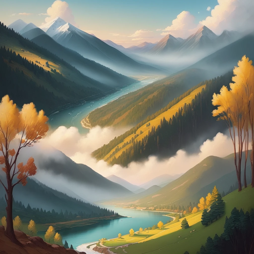 (landscape painting lens effect, traditional classical painting style), majestic mountains, magnificent rivers, (beautiful clouds) + (warm flare: 0.8), a flock of cranes flying high in the sky, (landscape painting color filter) + (comic line drawing: 0.2), fine details, dreamy picture, like in a fairyland.