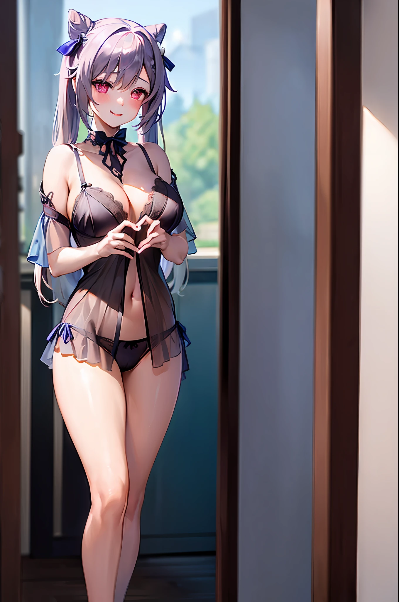 ((Keqing)), (naked:1.2), (see-through lingerie:1.5), (blushing face:1.3), smiling, tongue out, (heart-shaped pupil:1.5), ((cowboy shot))